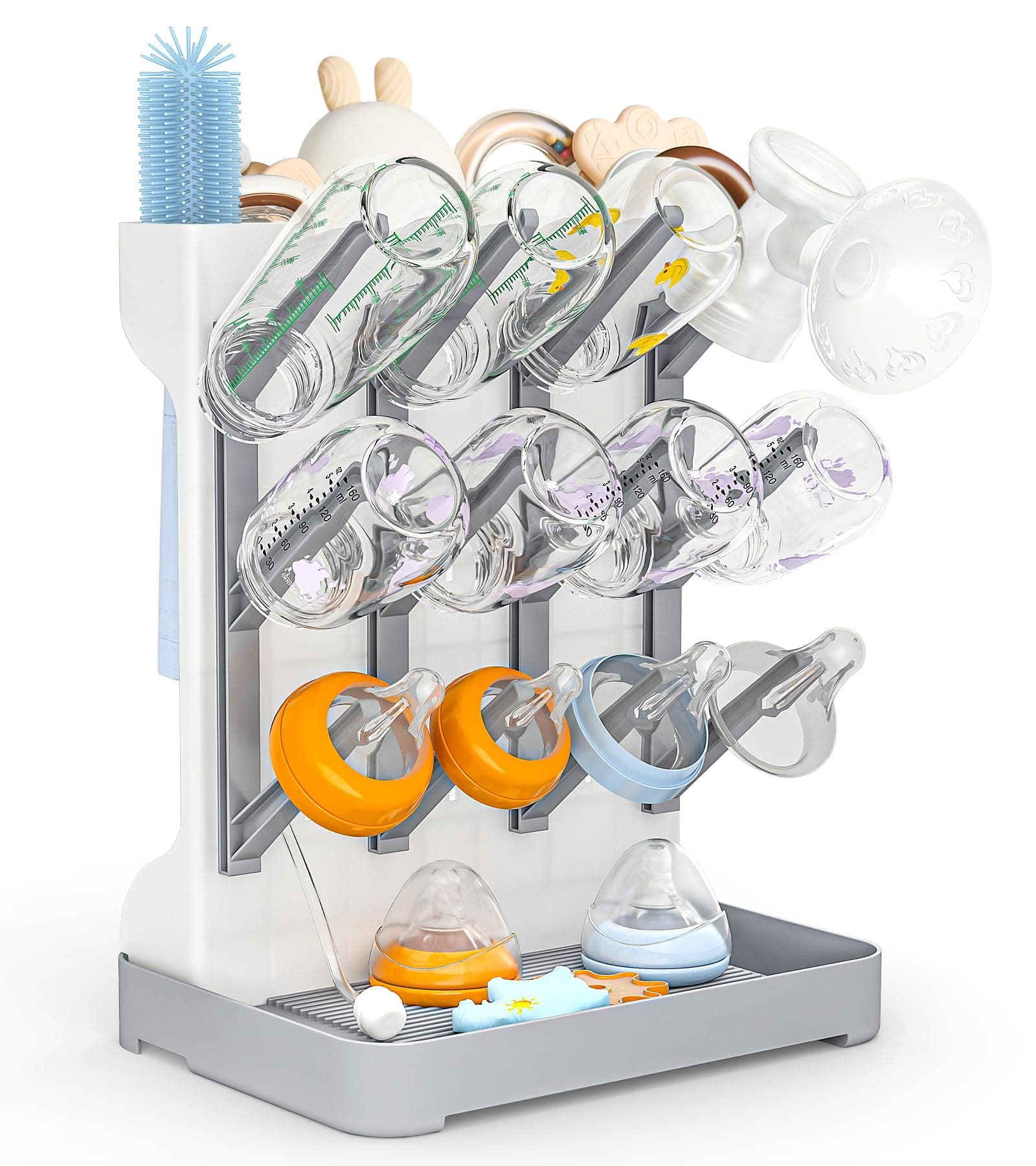 GoMaihe Escurre Biberones: Soporte Vertical para Seca Biberones Que Ahorra Espacio - Escurridor Biberone para Guardar Accesorios de bebé Cepillos y tetinas en la encimera - Sin BPA - Gris