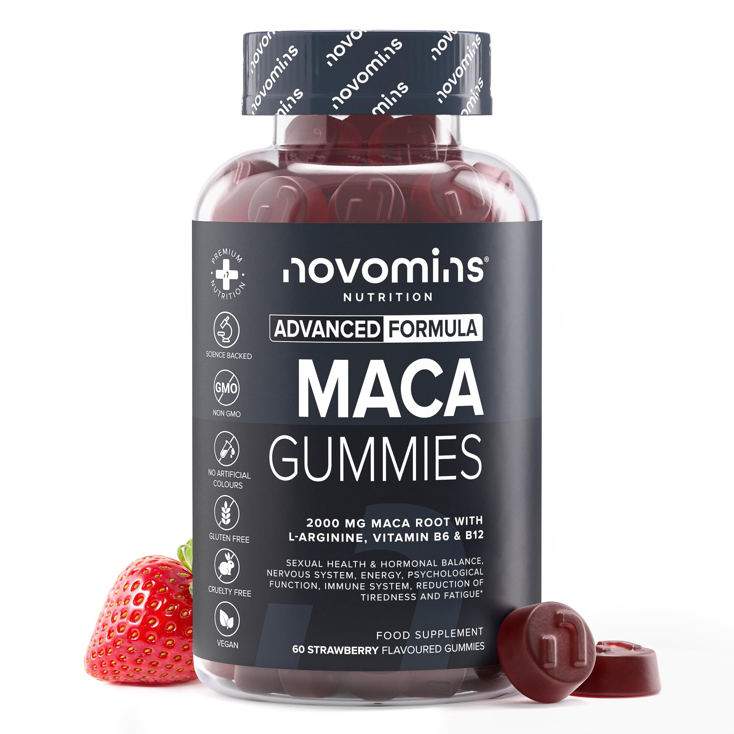 Maca Negra 2000mg - 60 Gominolas - con Raíz de Maca Peruana, L-Arginina, Vitamina B12 y B6 - Maca Negra Pura para Libido, Energía y Vitalidad - Vegano y Sin Gluten - Novomins