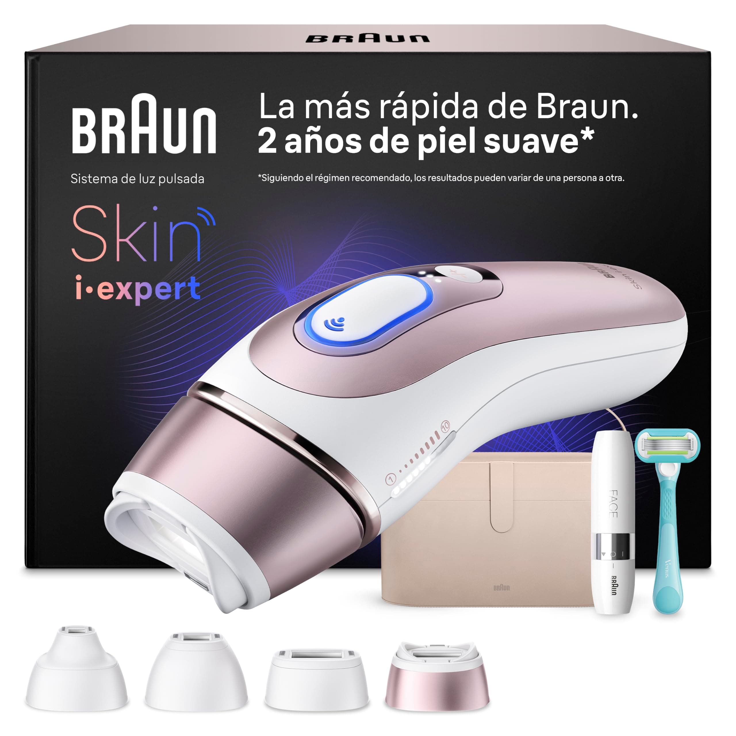 Braun Depiladora Luz Pulsada Smart IPL Skin i·expert, PL7442, Blanco/Bronce | Depiladora Laser con 4 Cabezales, Neceser, Mini Depiladora Facial Y Maquinilla Venus, Depilación Láser en Casa
