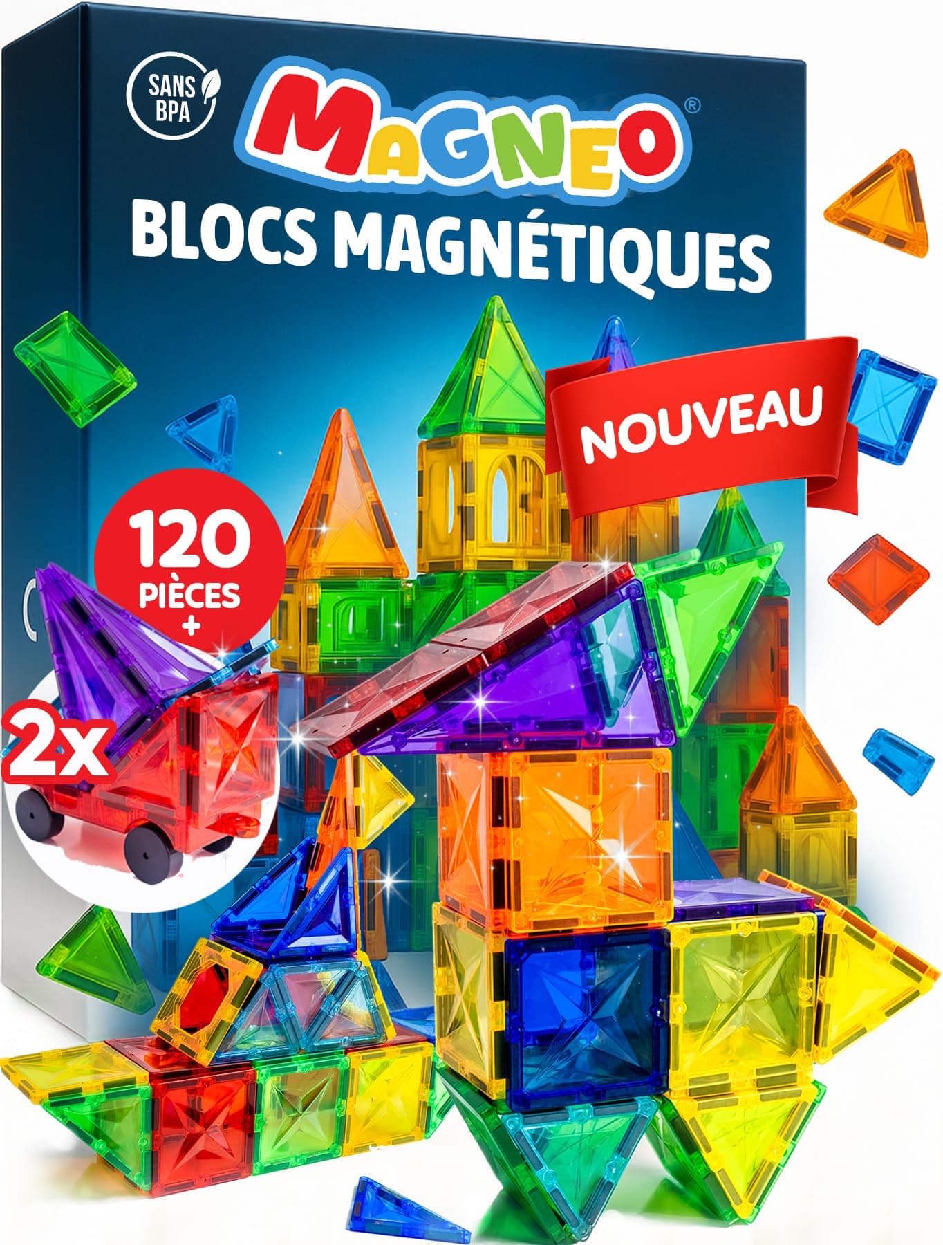 Magneo® Blocs Magnétiques 120 Pièces (2 Voitures) – Construction Enfant dès 3 Ans – Jeu Créatif avec Magnetic Tiles – Blocs Aimantés pour Garçons & Filles – Idée Cadeau