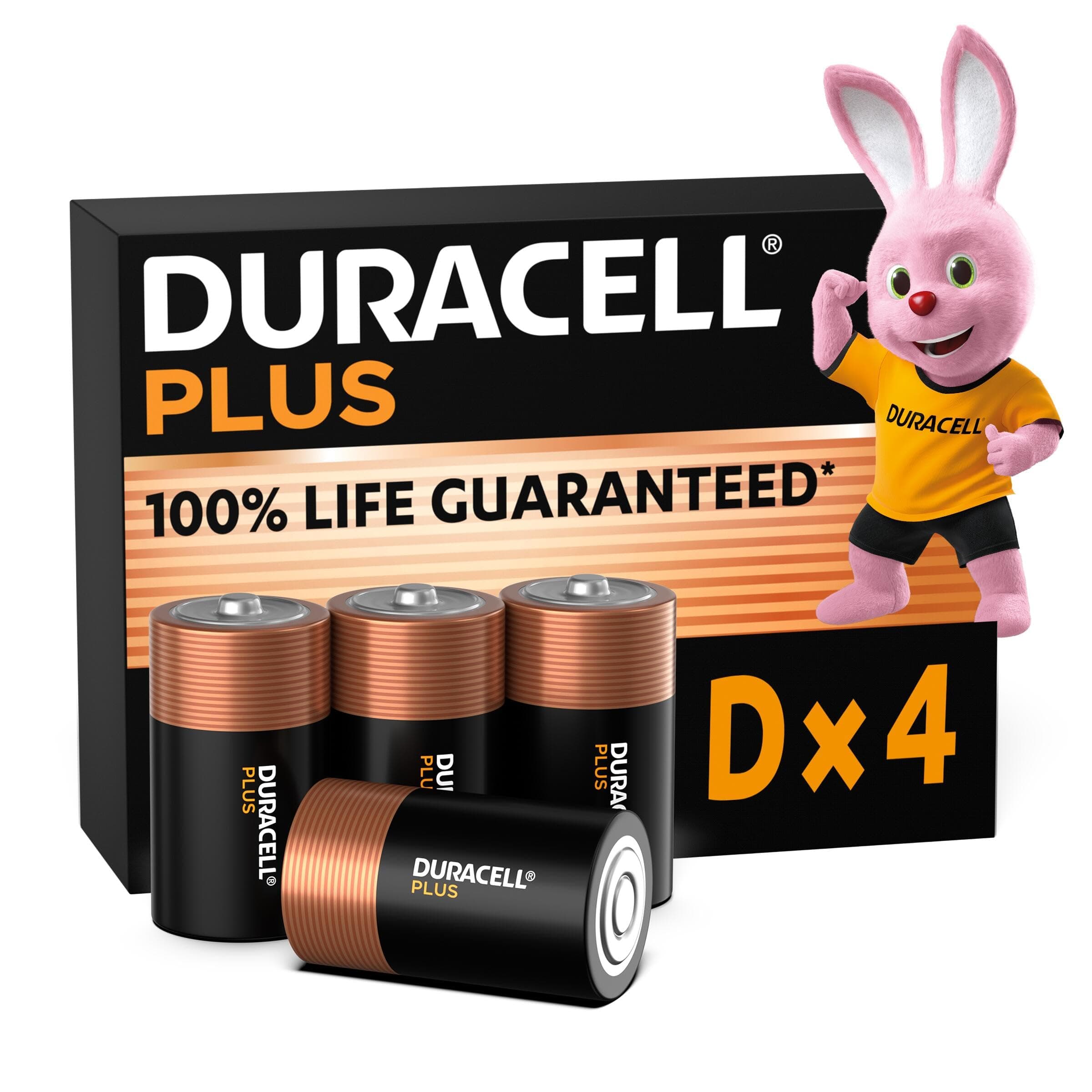Duracell Plus pilas D (pack de 4) - Alcalinas 1,5 V - 100 % de duración garantizada - Fiabilidad para dispositivos cotidianos - Embalaje sin plástico - 10 años de almacenamiento - LR20 MN1300