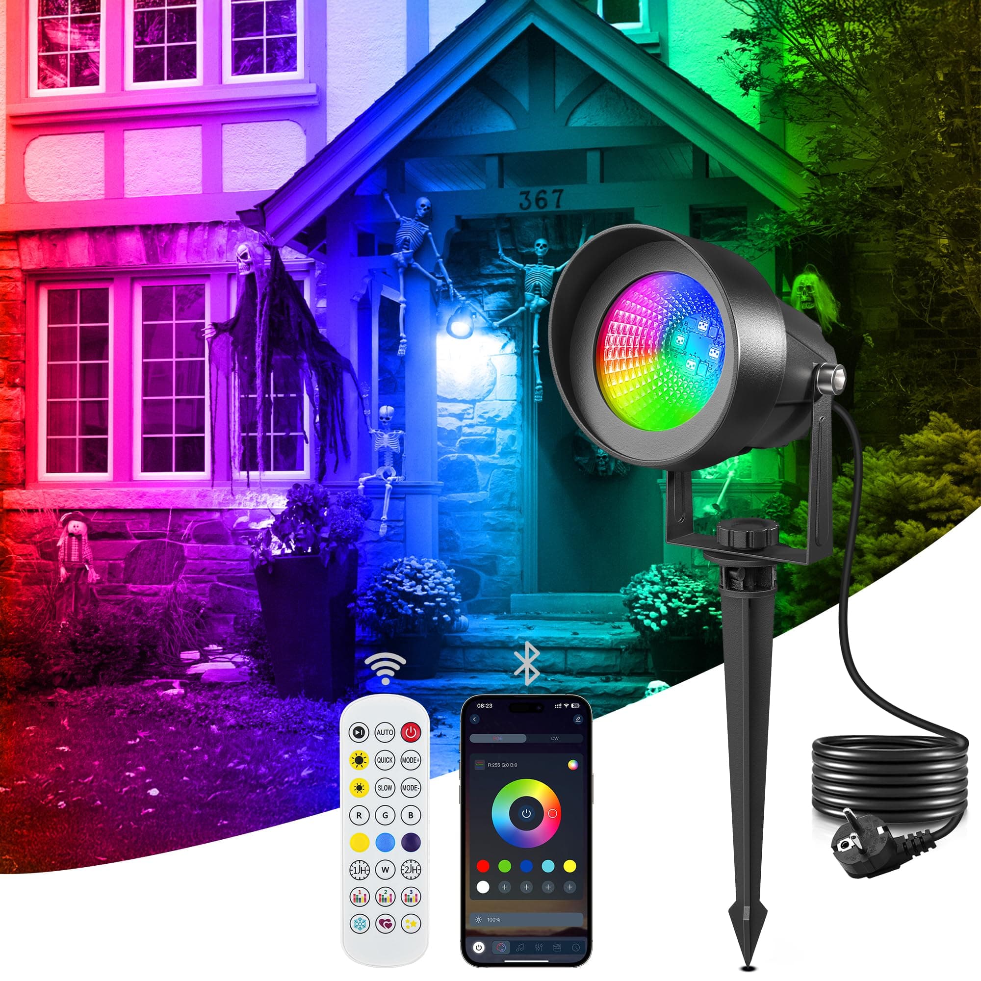T-SUN Focos LED Exterior RGB, Foco Proyector Exterior con App Bluetooth y Mando a Distancia 16M Colores IP65 44 Modos Dinámicos Clavija de Tierra Focos Exterior Jardín para Patio Terraza Halloween