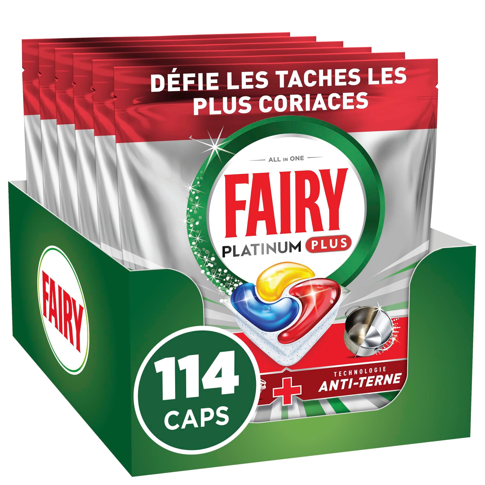 Fairy Platinum Plus Tablettes Lave-vaisselle Tout-en-1, 114 Tablettes (19x6), Parfum Citron, Technologie Anti-Terne, Prévient le Calcaire, Système Pré-Lavage Intégré, Efficace en Cycle Court