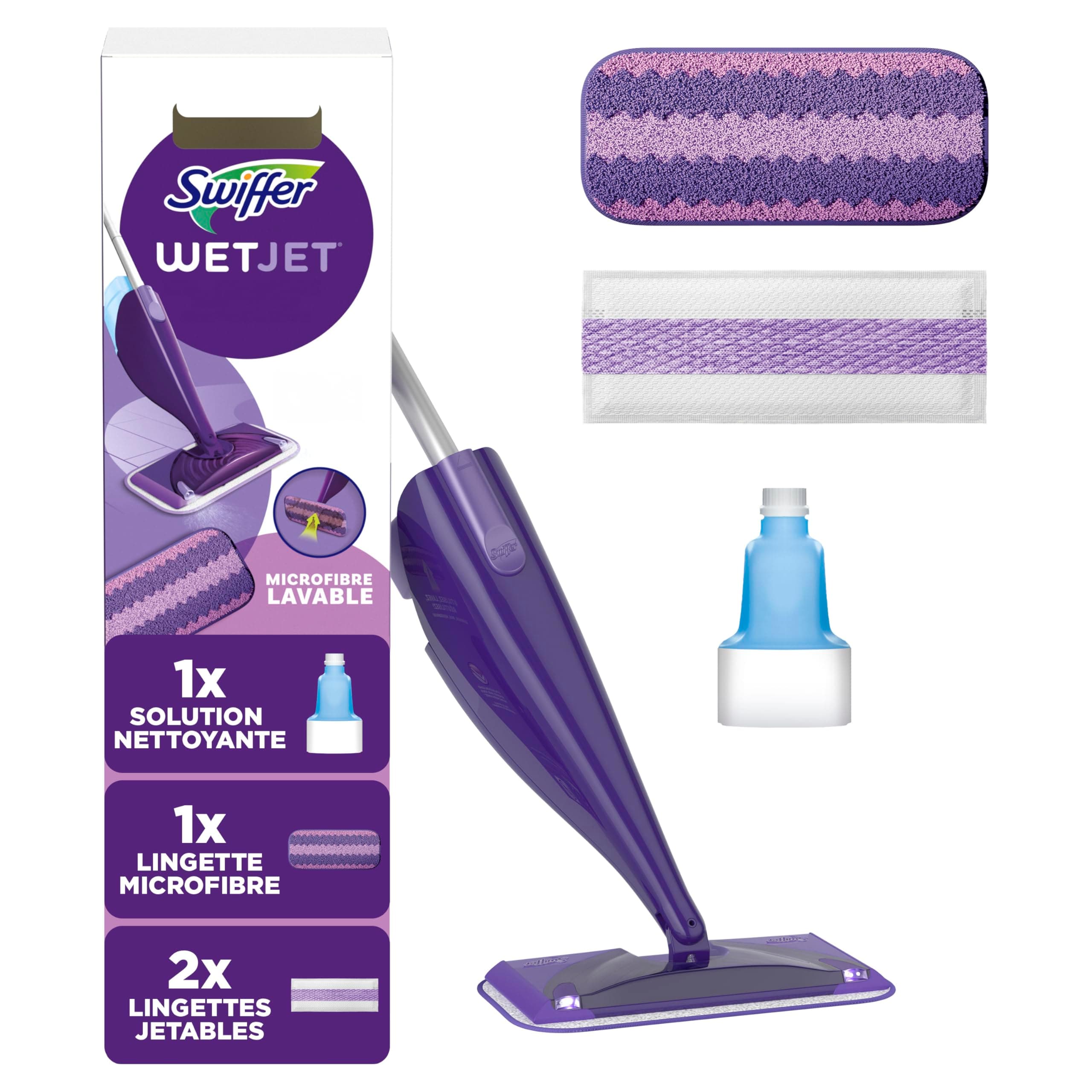 Swiffer Balai WetJet, Kit de Démarrage (1 Balai, 1 Lingette Micro-Fibre Lavable, Lingettes Jetables, 1 Solution Nettoyante), Élimine la Saleté Sans Traces ni Résidus, Pour Tous Types de Sols