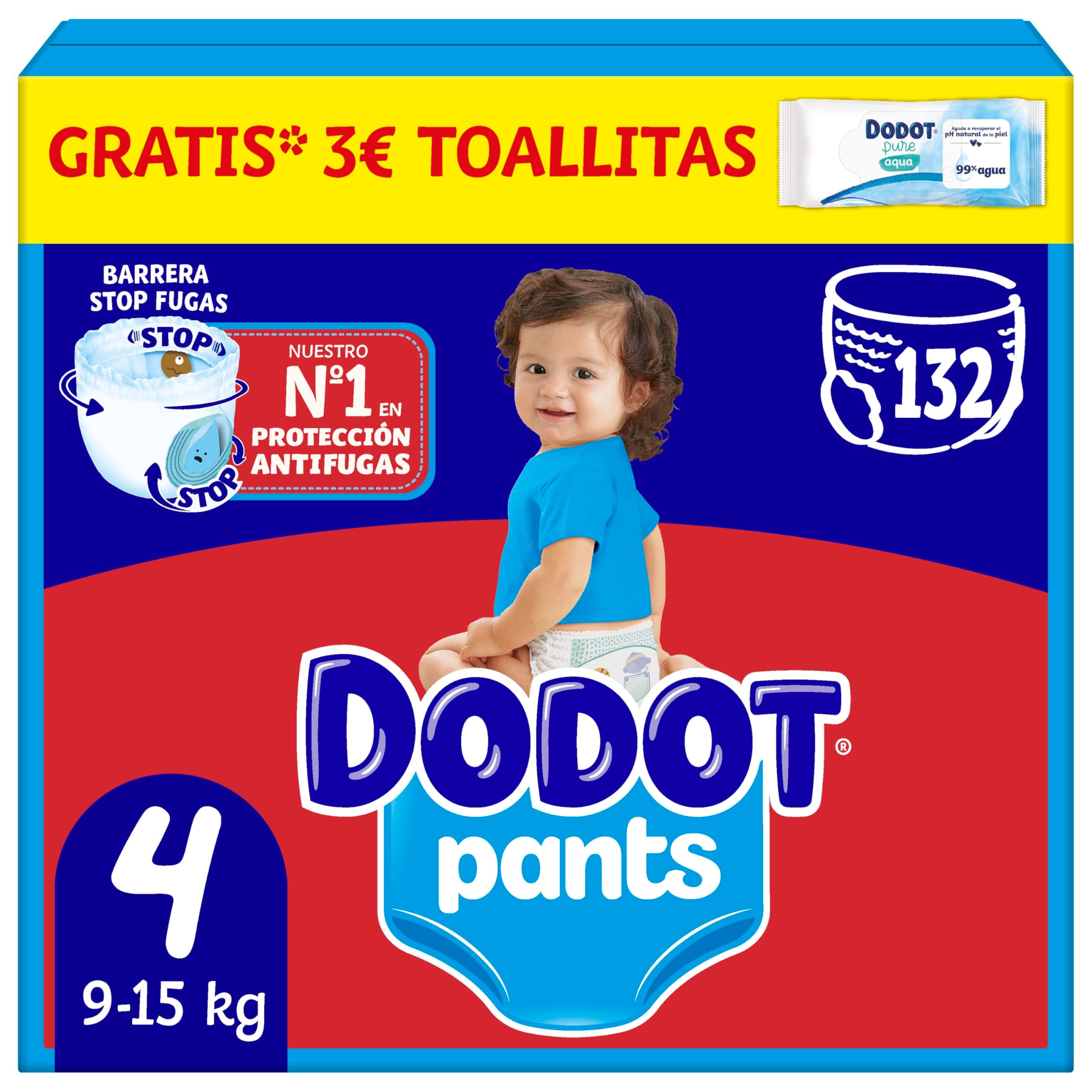 Dodot Bebé Pants Pañales, Talla 4, 9-15 kg, 132 Pañales, Pañal-Braguita con Ajuste 360° Anti-Fugas, Pack Mensual