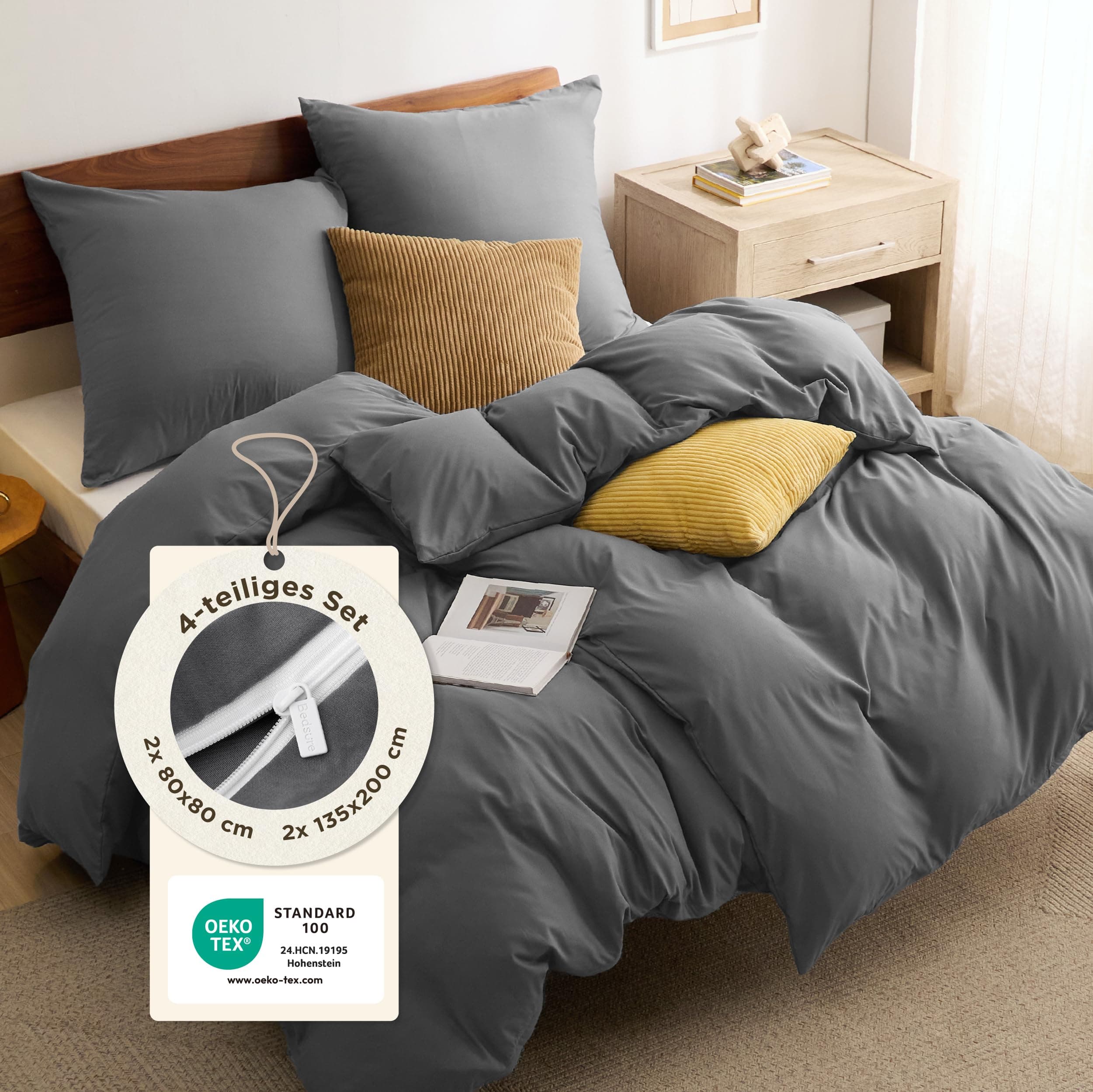 BEDSURE Bettwäsche 135x200 4teilig Anthrazit - 2 Bettbezüge 135x200 cm + 2 Kissenbezüge 80X80 cm, ÖKO-TEX Bettwäsche-Sets Grau Polyester Mikrofaser mit Reißverschluss