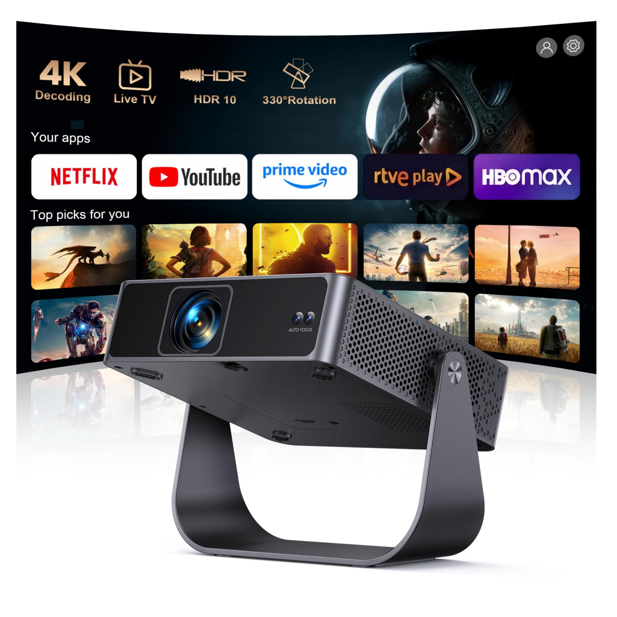 Proyector 4K【Netflix Ready+TV Directo】 Proyector Portatil App Integrada Auto Focus/Keystone 1080P FHD Nativo con HDR10, Giro 330° WiFi Bluetooth Mini Proyectors Projector Cine en Casa/Exterior/HDMI
