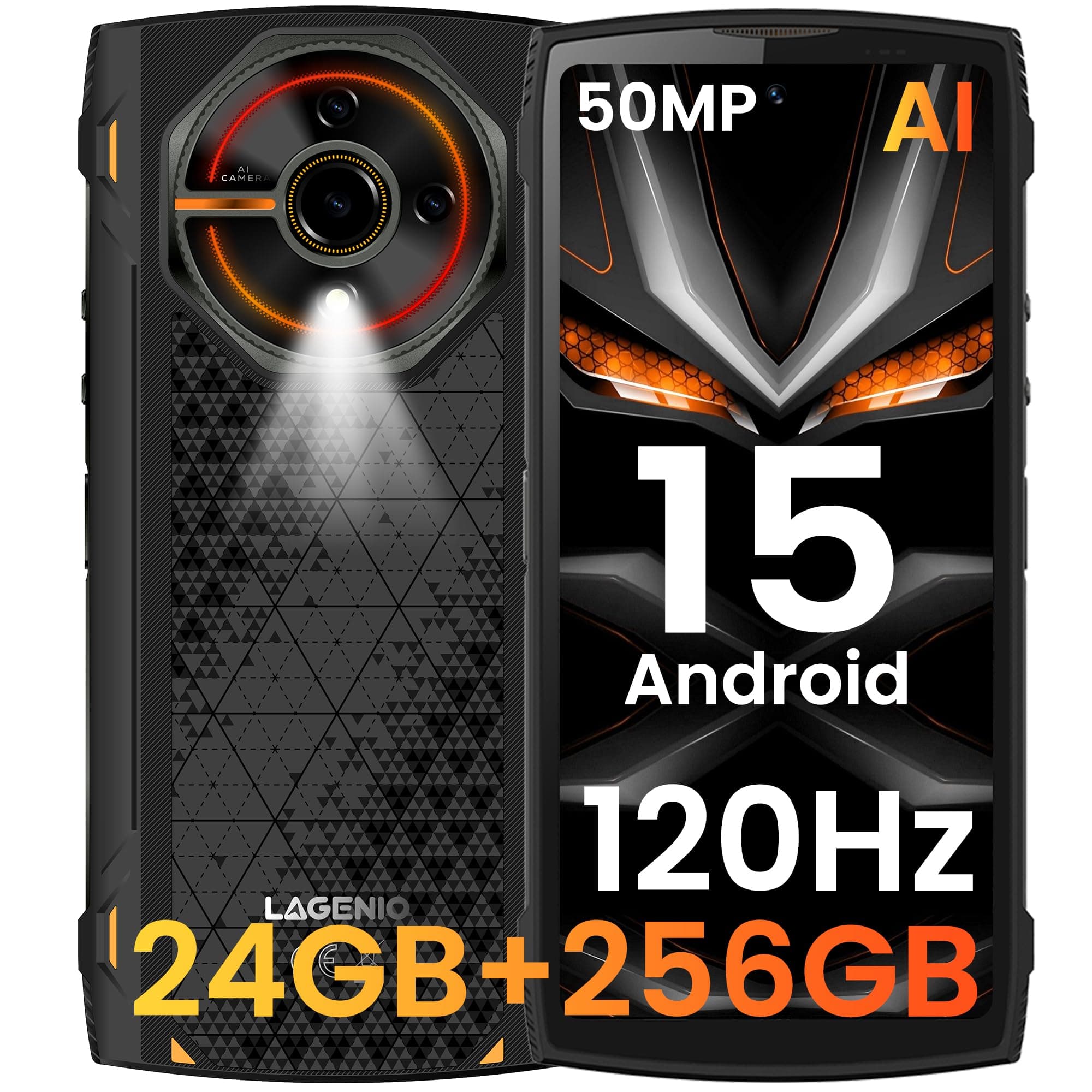 LAGENIO Panther 2 Pro Telephone Portable Incassable 24GO+256GO/1To TF Téléphone Incassable Android 15, Octa-Core, 6.7" HD+ 120Hz, 5150 mAh, 50MP+8MP Caméra, NFC/GPS/OTG/3 Card Slot, Noir