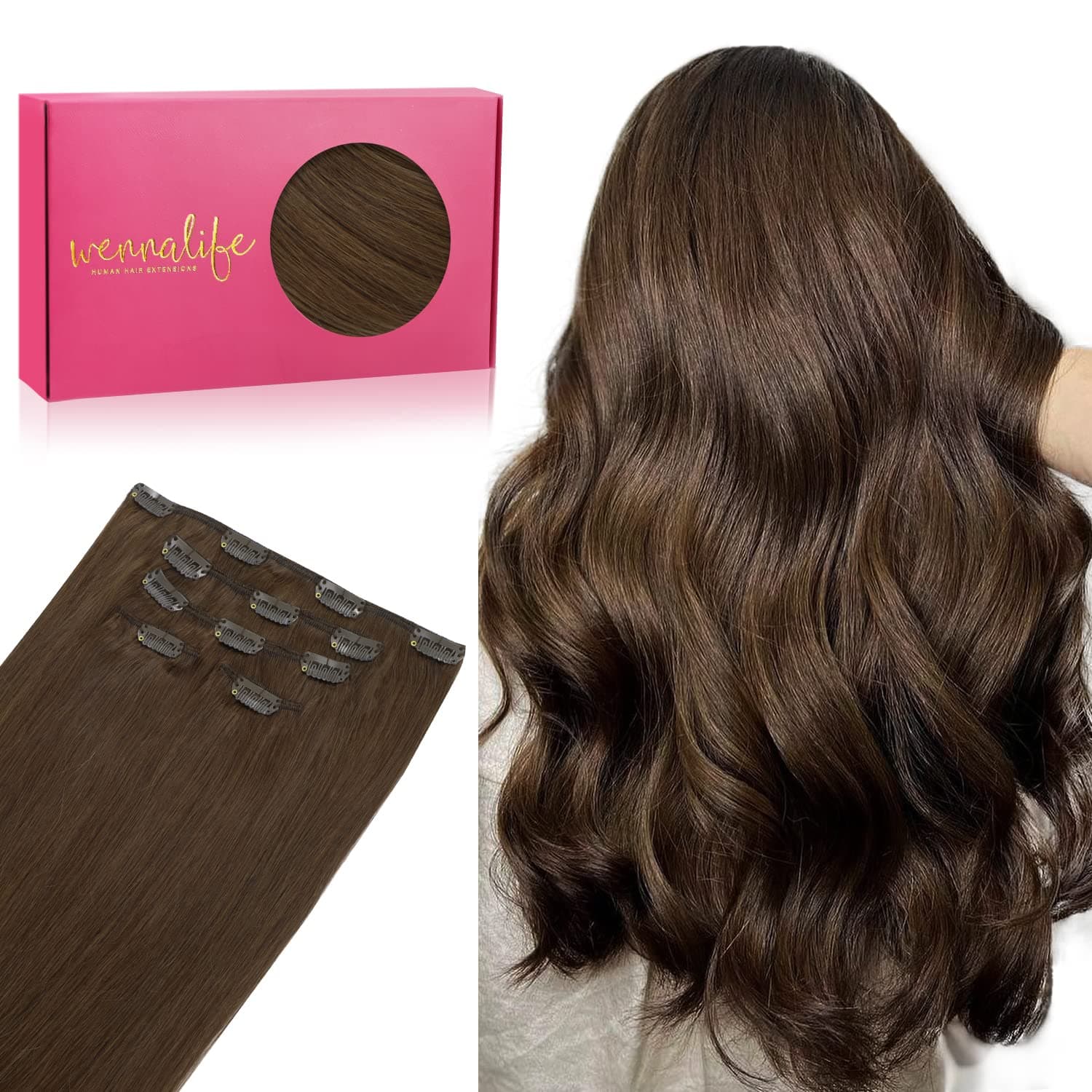 WENNALIFE Extension con clip in capelli veri, 75 g, 5 pezzi, 35 cm, colore marrone cioccolato