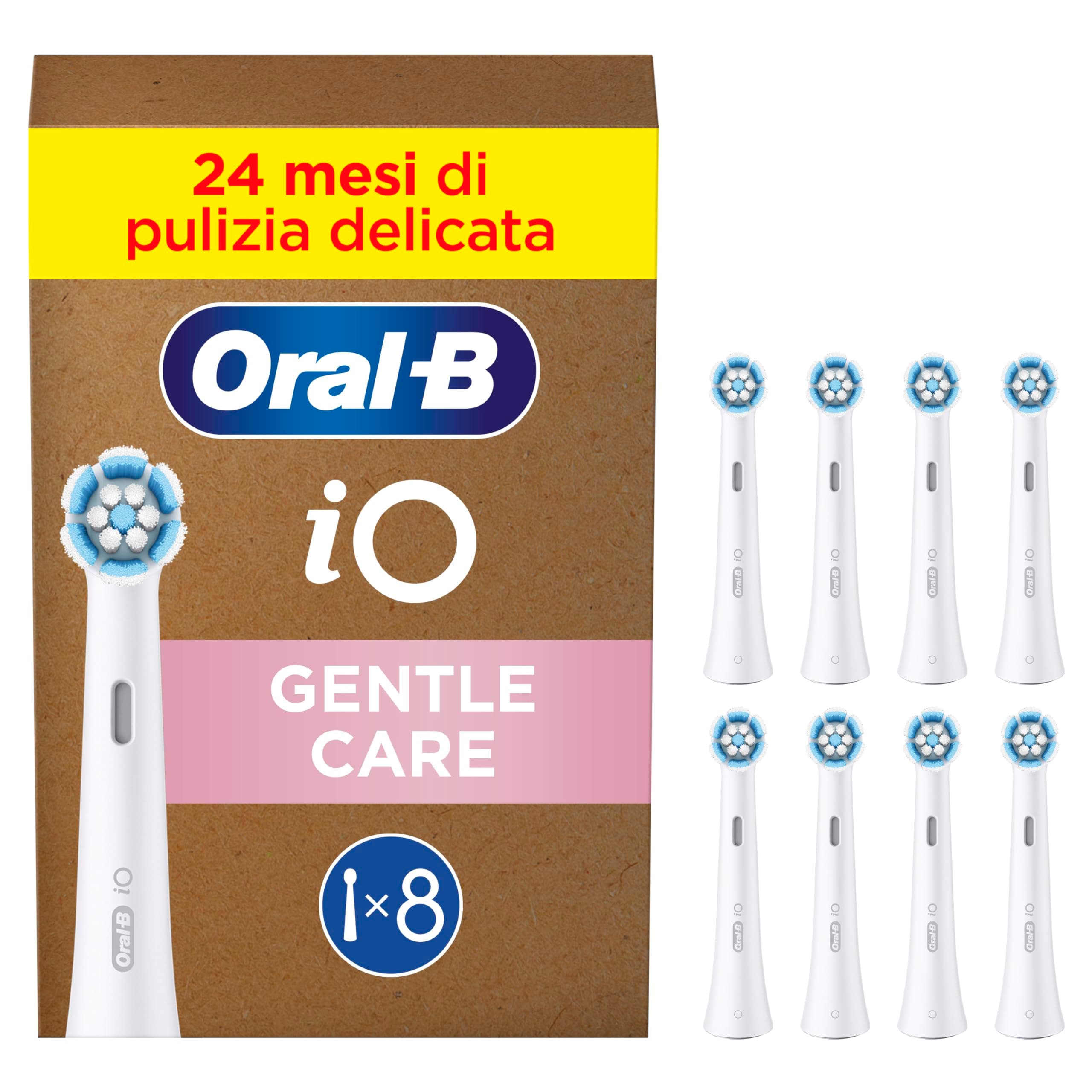 Oral-B Testine di Ricambio iO Gentle Care, Bianche, 8 Ricambi - 8 Testine di Ricambio per Spazzolino Elettrico, Rotonde Originali per Gengive Sensibili, Setole Angolate per Rimuovere la Placca