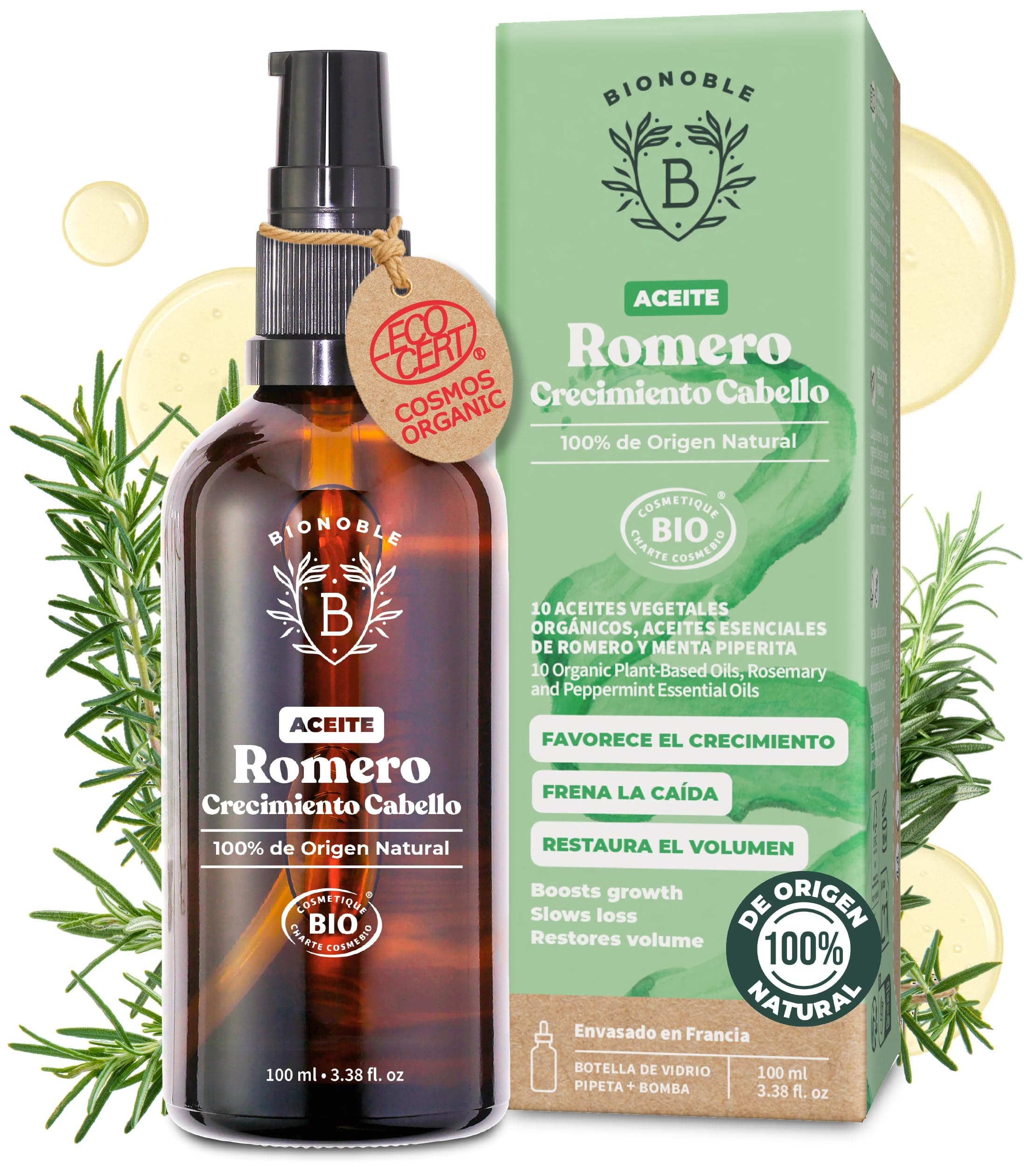BIONOBLE Aceite de Romero para el Cabello Bio, Puro - Crecimiento - 100ml | 100% Origen Natural - Rosemary Oil Hair Growth, Ricino, Argán, Jojoba - Aceite Romero Cabello Vegano - Botella Vidrio, Pipeta