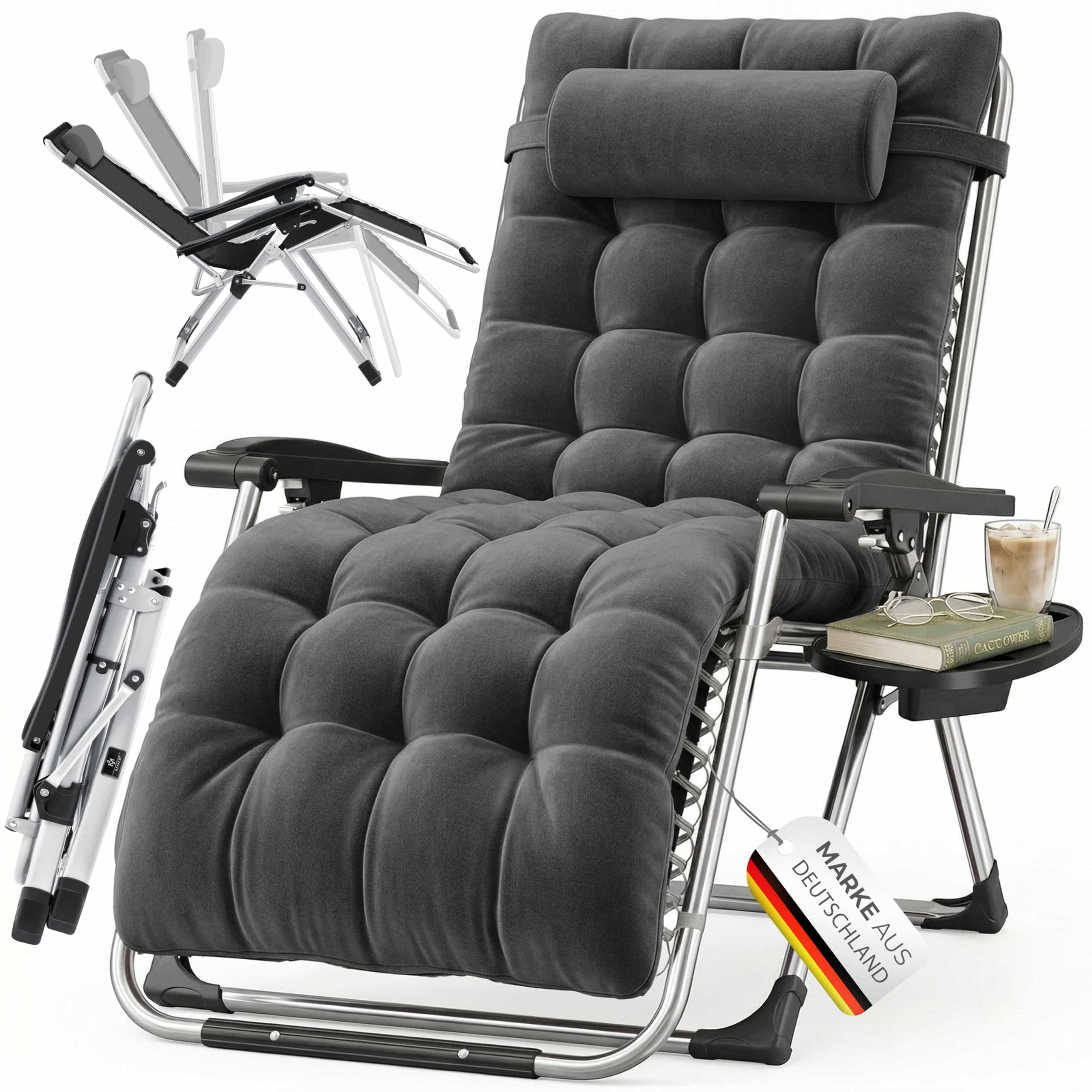 KESSER® Bain de Soleil Chaise Longue de Jardin Coussin pour Le Cou + Porte-Boisson inc Coussin XXL capacité 200kg Pliable & résistant aux intempéries Chaise Longue Pliante Dossier réglable Anthracite
