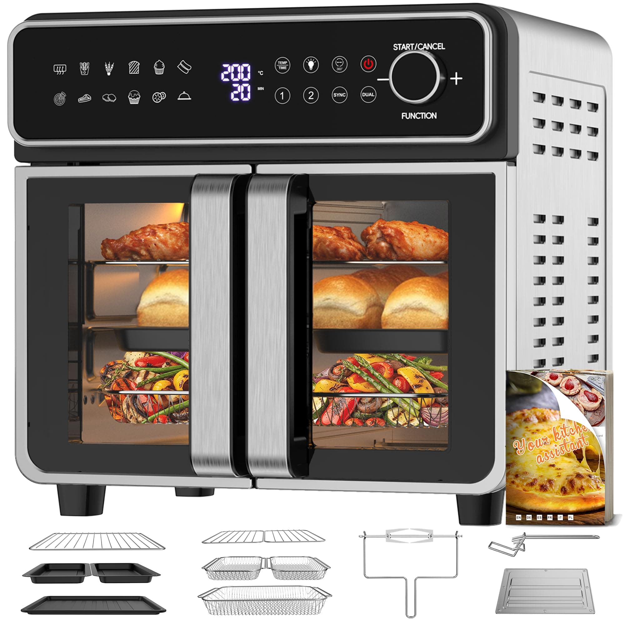 23L Friggitrice ad Aria Familiare, Mini Forno Zone a Cottura Singole/Doppie | 12-in-1 Doppia Zona Controllo Temp/Porte Francese/Finestra Ispezione/Illuminazione Interna, Air Fryer Grande per 4-8 Persone