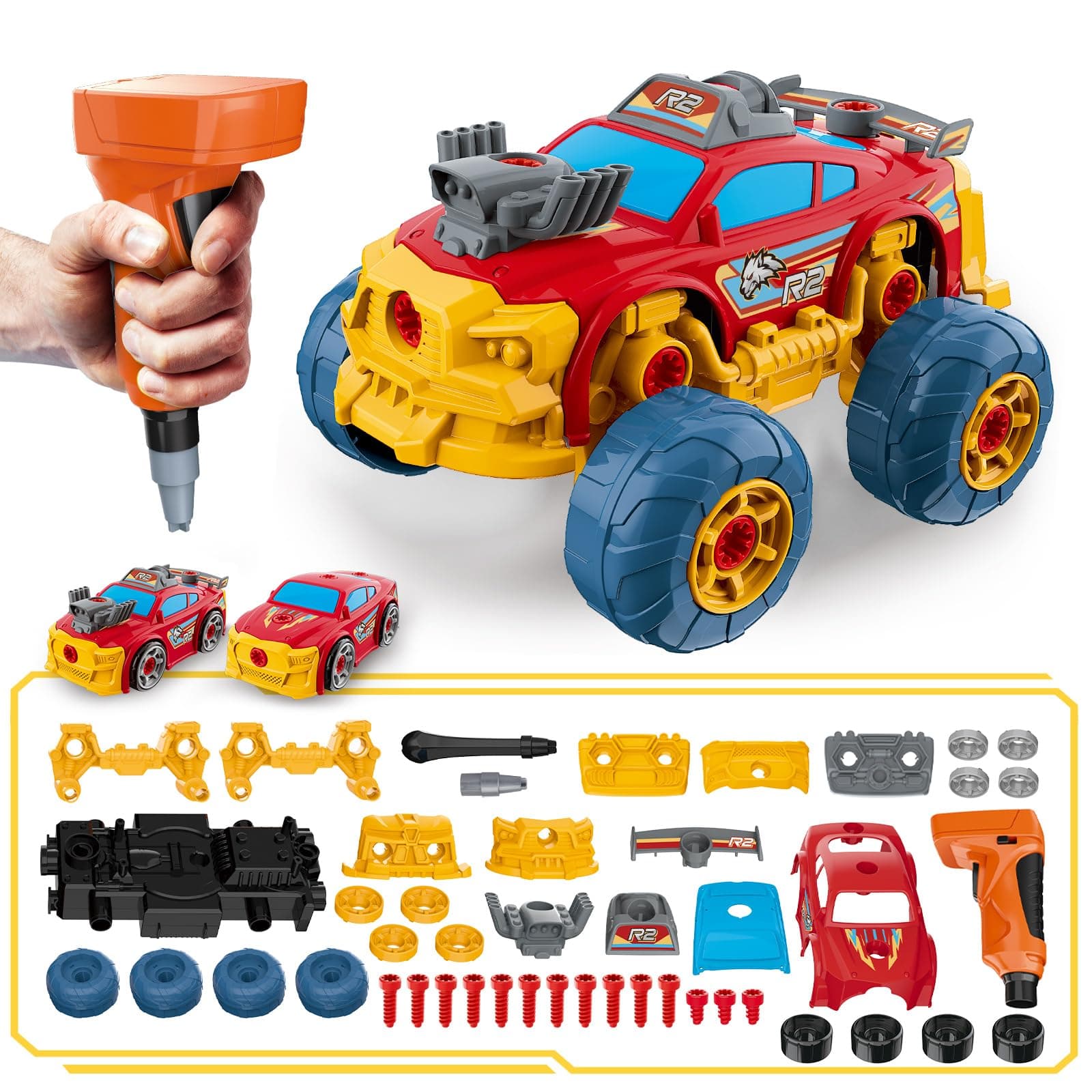 Pup Go Auto 3-in-1 Smontabile per Ragazzi di 3 4 5 6 7 8 Anni, Pensierini Natale per Bambini, 46 Pezzi con Trapano Elettrico, Giocattolo Camion da Costruzione, Costruisci la Tua Auto (Rosso)