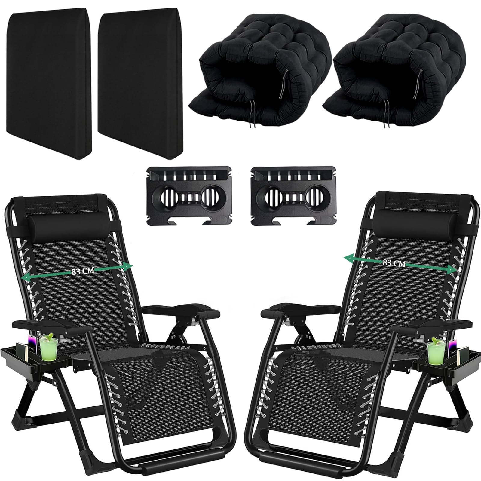 Fiutazge 2Pcs 83cm Ultra Ancho Tumbonas Jardin Exterior,Tumbona Plegable con Cojín Acolchado,Reposacabeza ExtraíBle y Portavasos,Reposapiés Mejorado para Terraza,Salón,Playa o Piscina,Negro