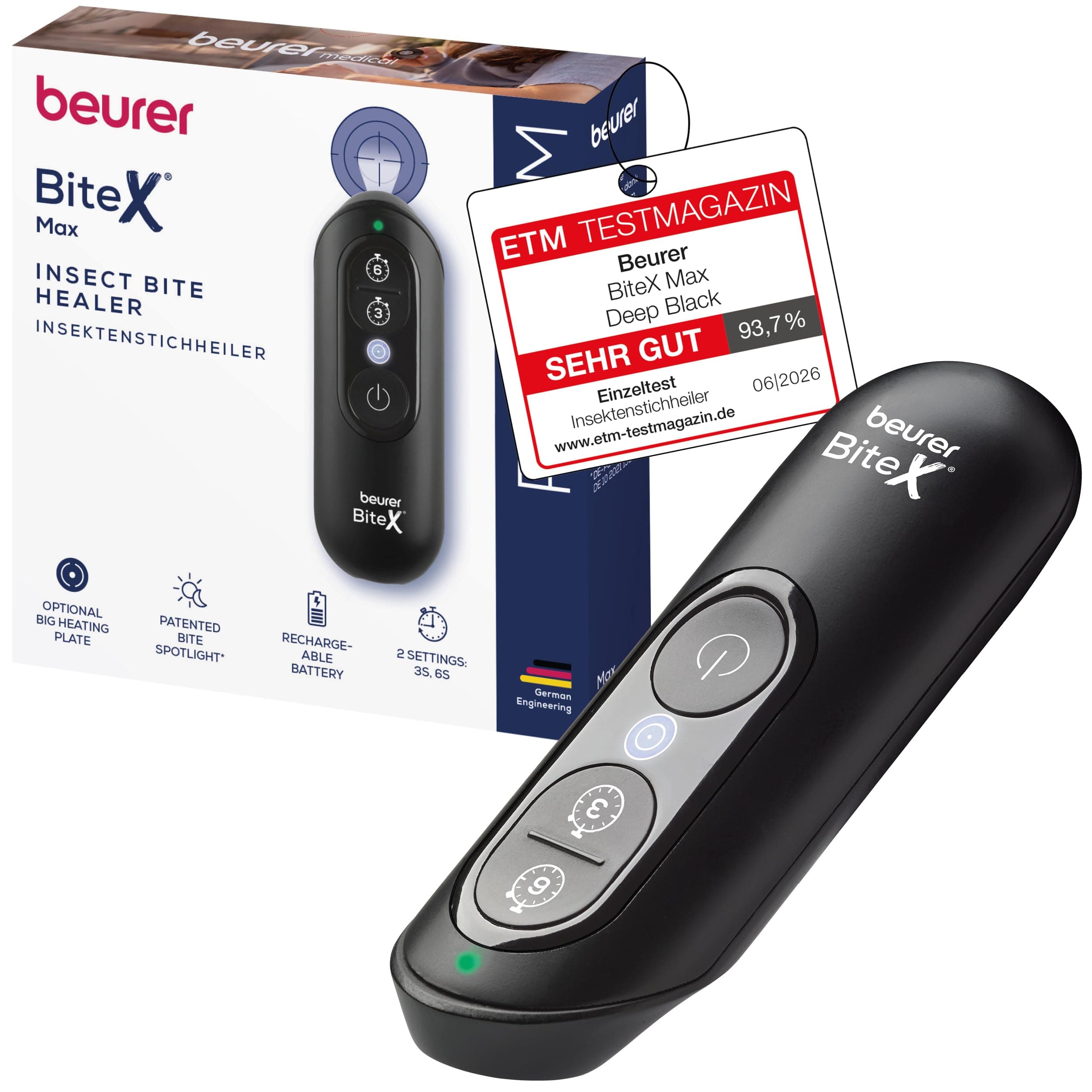 Beurer BiteX Max Deep Black Insektenstichheiler mit größerer Heizfläche, Mückenstich Hitzestift zur Behandlung von Insektenstichen- und bissen, elektronischer Stichheiler, mit Licht und Akku
