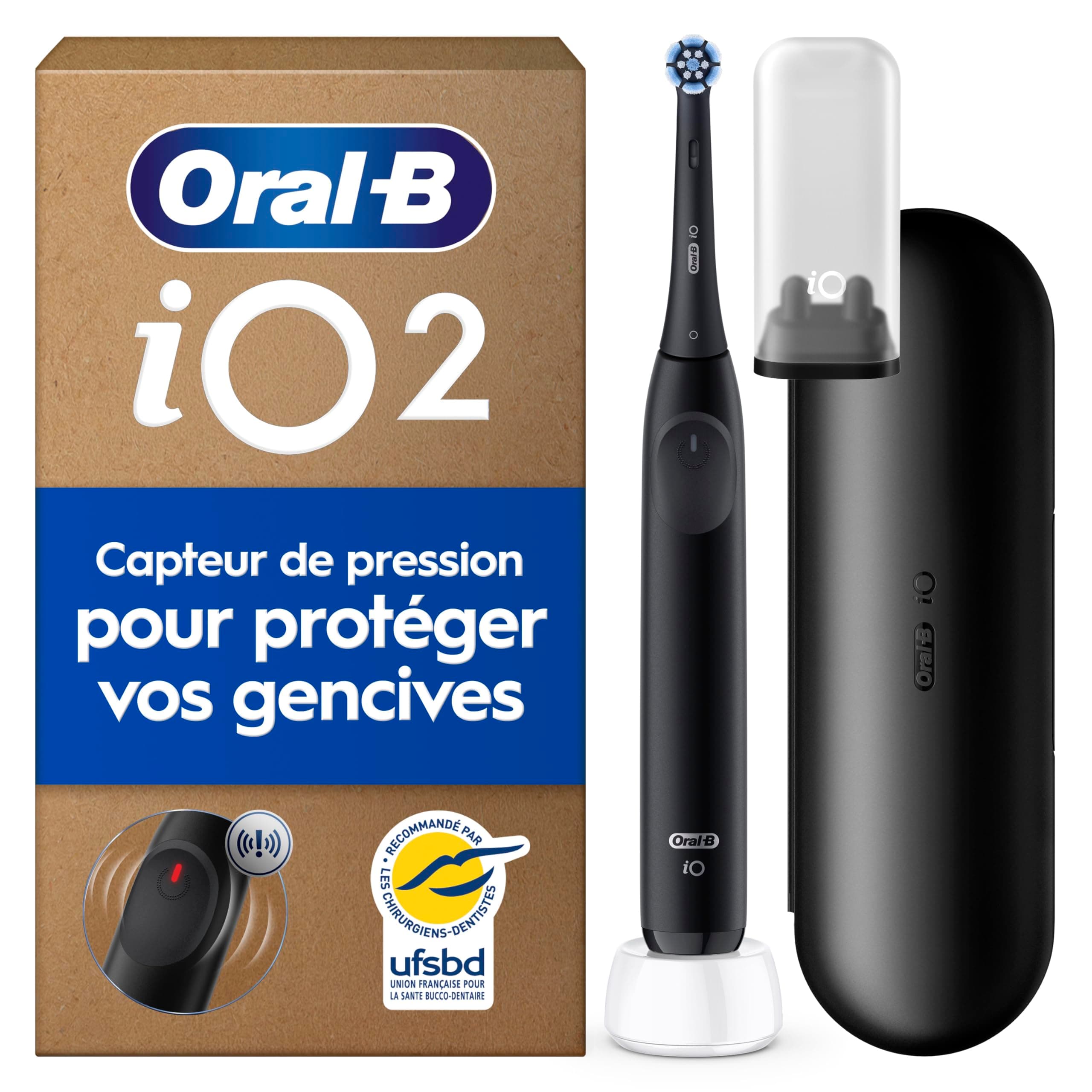 Oral-B Brosse à Dents Electrique iO 2 avec 1 Brossette de Rechange, Noire – 3 Modes de Brossage Silencieux dont Douceur, Capteur de Pression sur les Gencives, Batterie Rechargeable, Etui, Chargeur