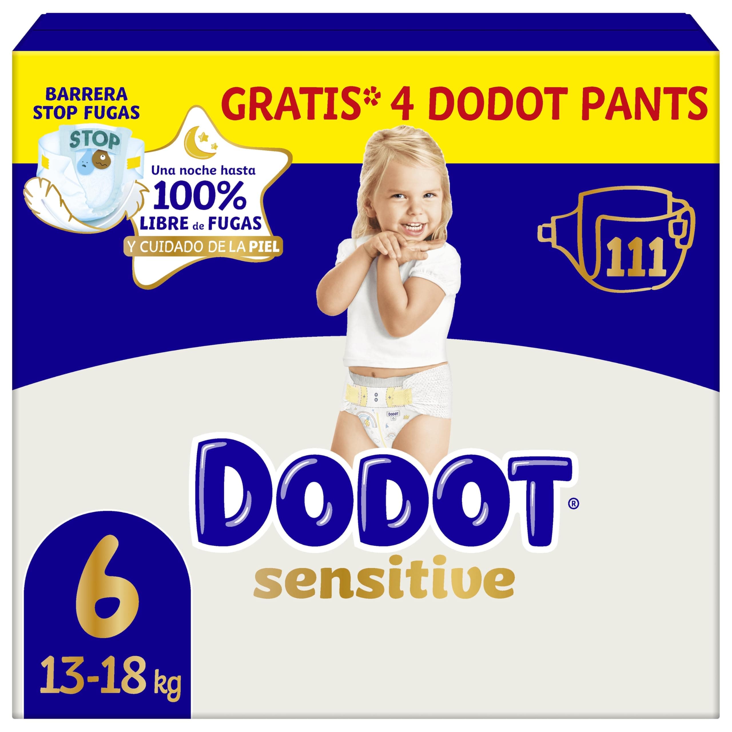 Dodot Pañales Bebé Sensitive, Talla 6 (+13 kg), 111 Pañales + 4 Pants de Regalo, Hasta 12 h De Protección Antifugas y Cuidado de la Piel, Pack Mensual