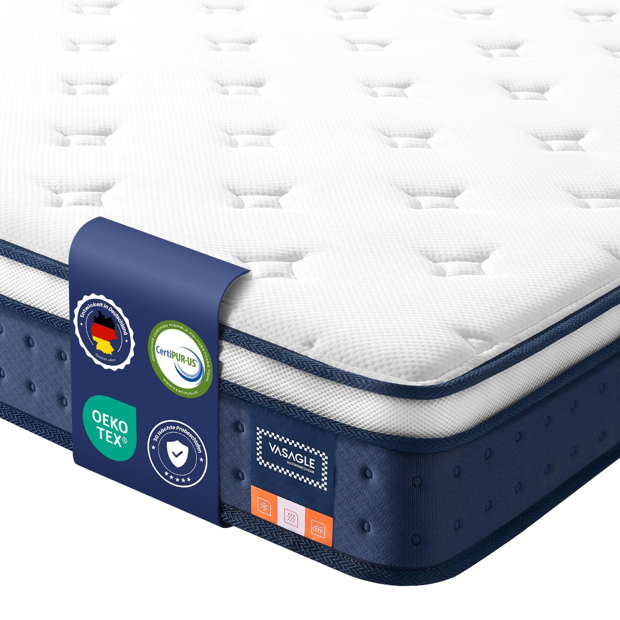 VASAGLE Matratze, 140 x 200 x 20 cm, Taschenfederkernmatratze aus Gel-Memory-Schaumstoff, mittelfest, H3, 7-Zonen-Unterstützung, Bewegungsisolierung, atmungsaktiver Bezug, blau RMZ214QZ02