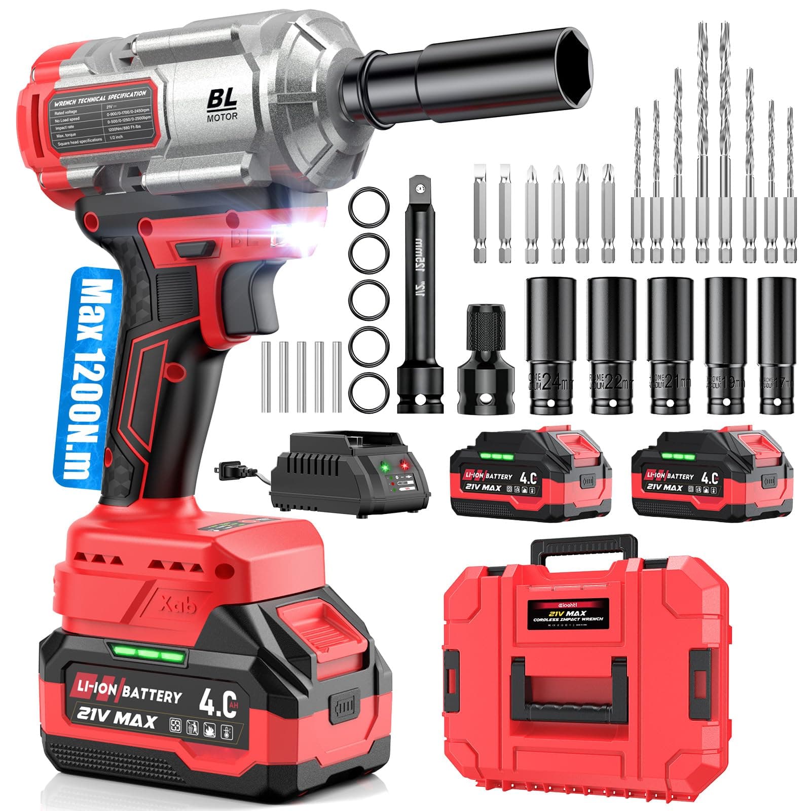 Avvitatore a Impulsi a Batteria 3-in-1 / Impact Driver/Trapano a Percussione – 1200Nm Alta Coppia 1/2" con Motore Brushless, 2× Batterie 4.0Ah, Bussole, Punte e Inserti – Ideale per Auto, DIY e Uso