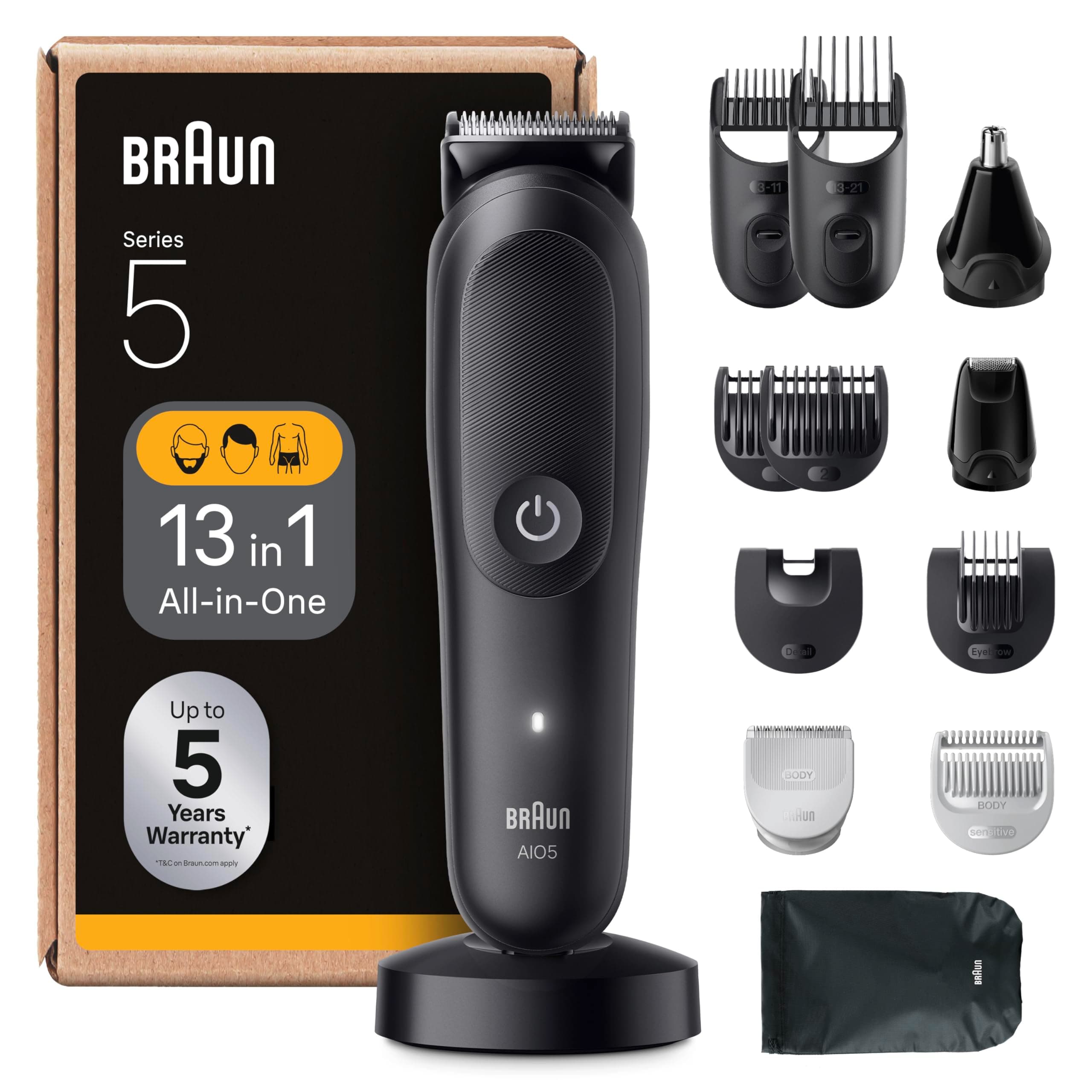 Braun Rifinitore All-in-One Series 5, Rasoio Elettrico Barba E Capelli 13In1, Taglia Peli Naso E Orecchie, Macchinetta Per Capelli, Lama ProBlade, Tecnologia AutoSense, Wet&Dry, AIO5565, Nero