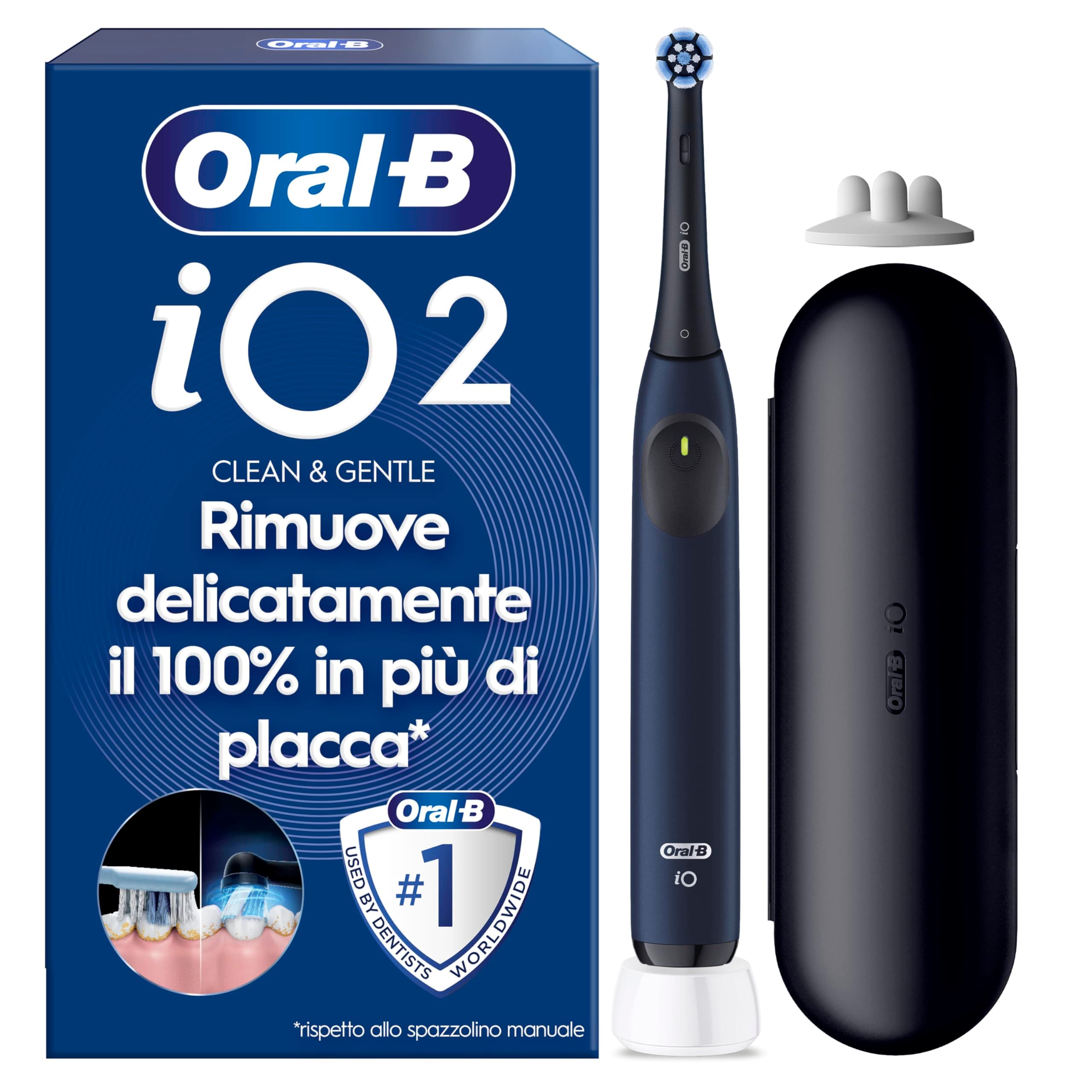 Oral-B iO 2 Spazzolino Elettrico Nero, 1 Testina Di Ricambio per Spazzolino Elettrico Oral B, Custodia Da Viaggio, Supporto per testine, Delicato sulle Gengive, Sensore di Pressione