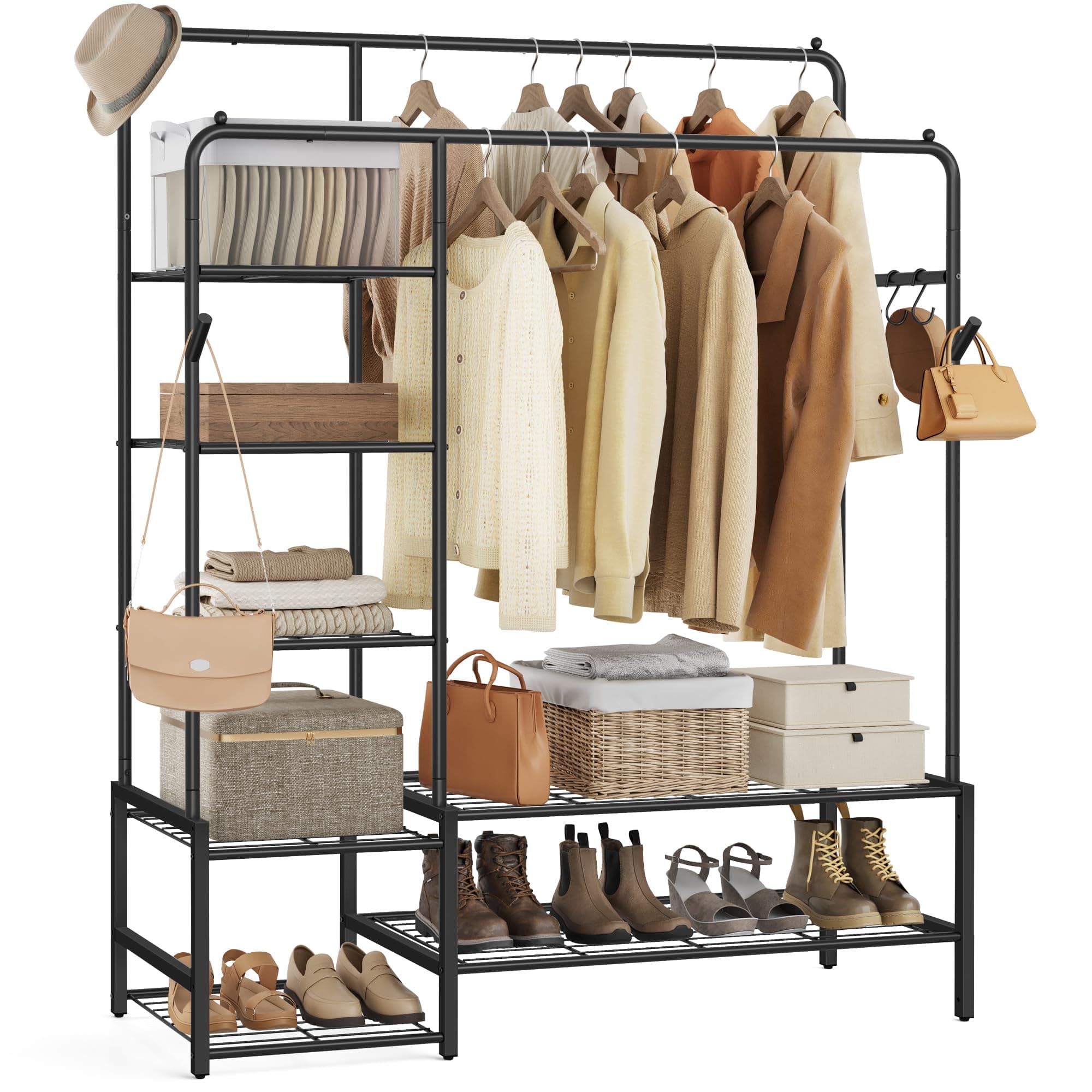 SONGMICS Perchero, Armario Abierto, con 7 Estantes, Estructura de Metal, Barra de Colgar, para Dormitorio, Salón, Entrada, Negro HSR182B01