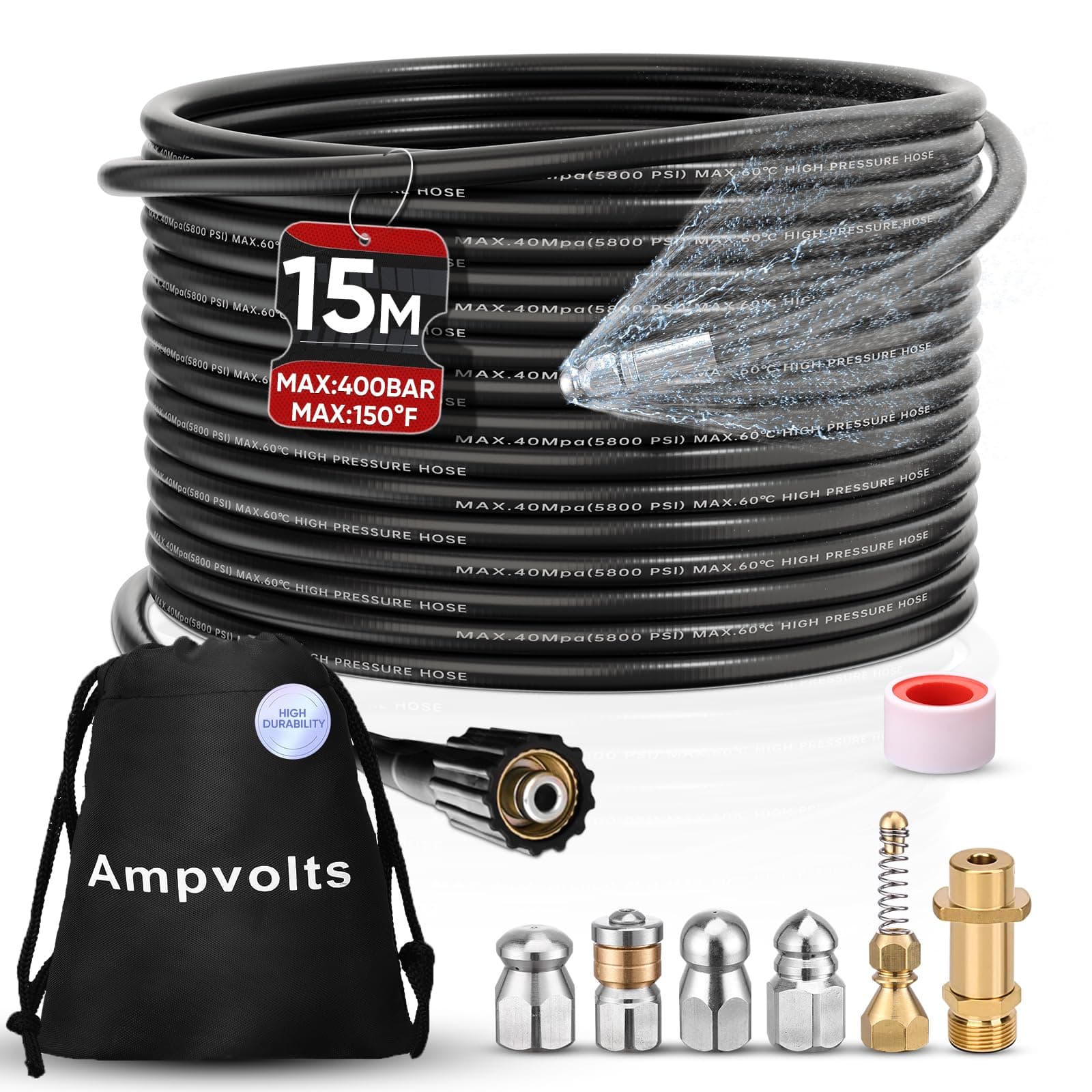Ampvolts 15M Déboucheur Canalisation Haute Pression - 5 Buses + Adaptateur Karcher, 5800 PSI/400 Bar, Compatible avec Karcher K2-K7(Adaptateur en laiton)