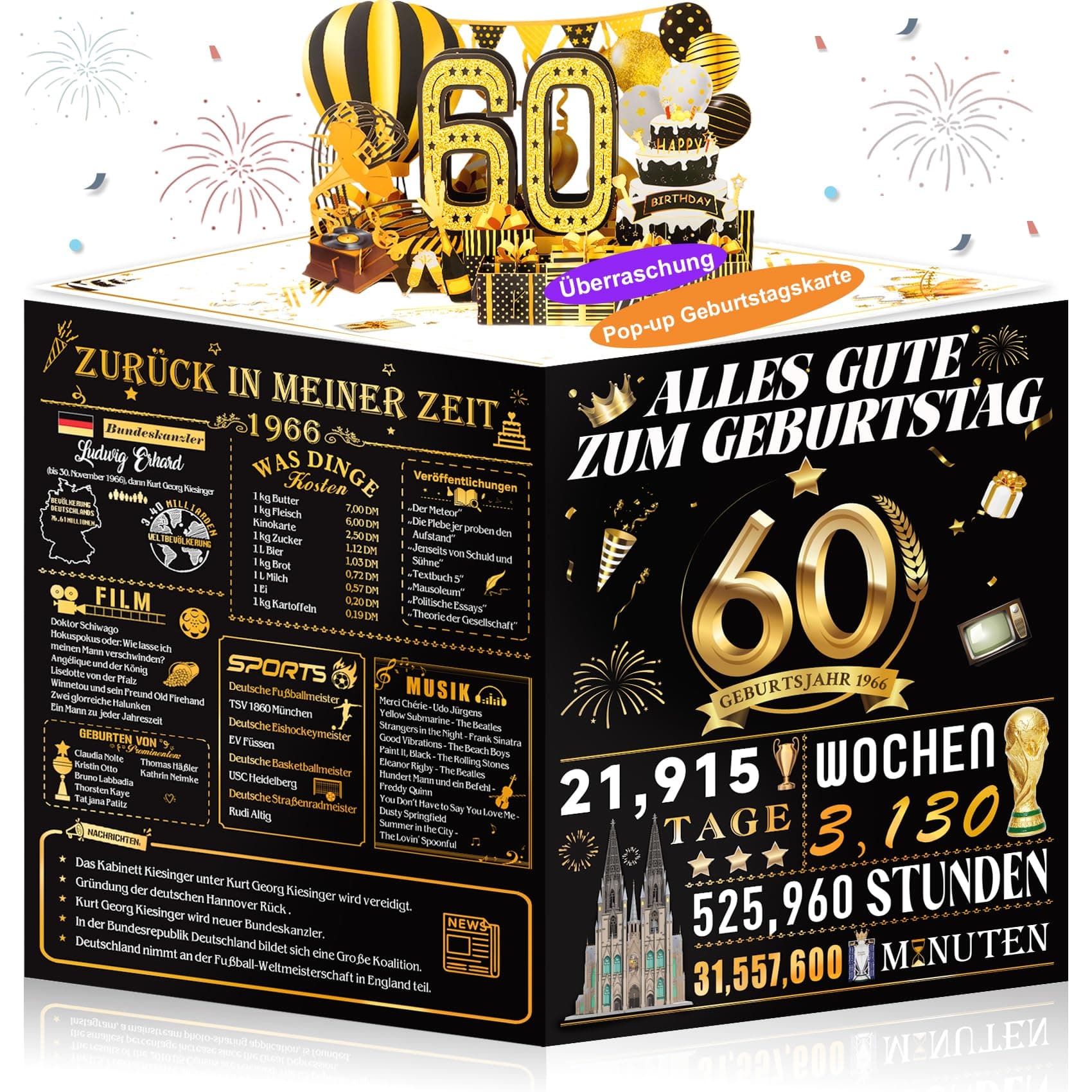 OLOSONG Geburtstagskarte 60, 3D Pop Up Karte Geschenke Zum 60. Geburtstag für Mann Frau, Lustige Golden Deko 60 Geburtstag Für Mama Oma Papa Ehemann Ehefrau Freunde Ihn Sie, Back in 1966 Mit Umschlag