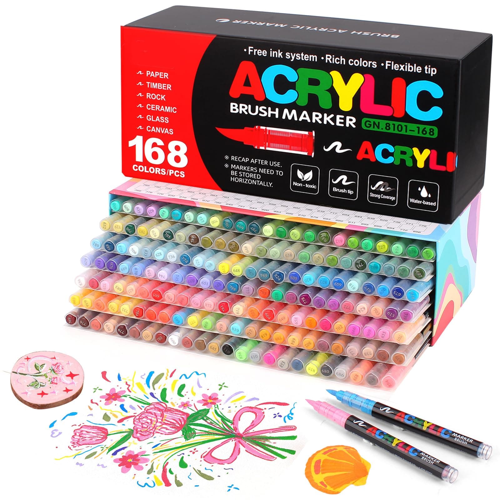 Gunsamg 168 Couleurs Feture de Peinture Acrylique pour la Peinture Rock, Marqueur de Peinture Acrylique pour le verre Bois Pierre Céramique Tissu Métal Toile Fabrication de les Peindre