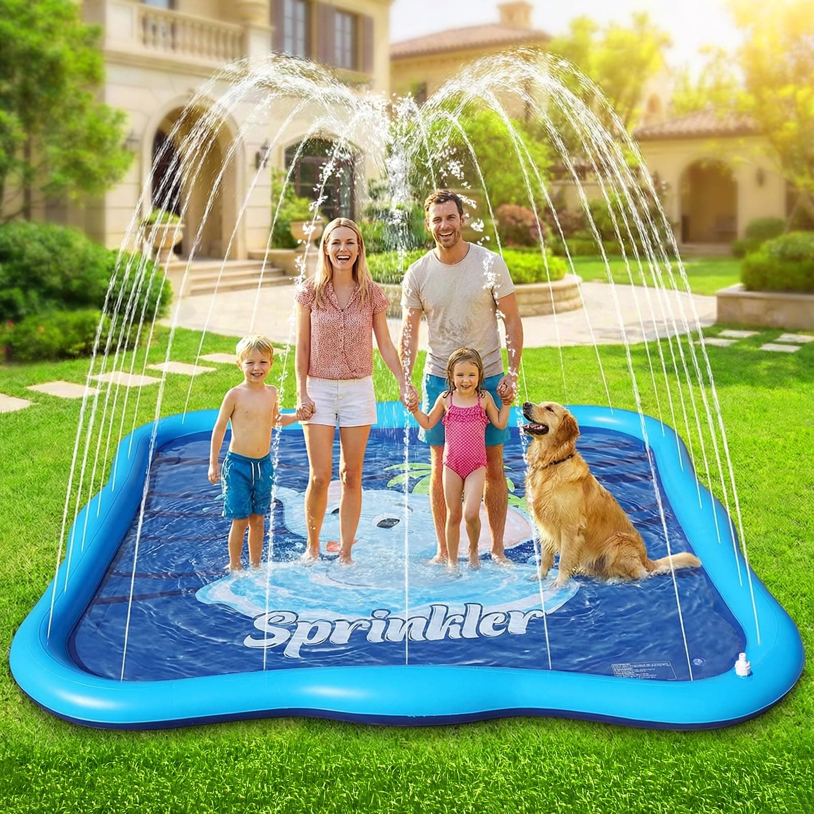 Luxfero Tapis de Jet d'eau pour Enfants,210cm Jeux d'eau Piscine Aquatiques Renforcé pour Chiens,buse de Pulvérisation d'eau Réglable,Tapis de Jeu sur Le Thème,Jeu d'eau Enfants Gonflable pour Jardin