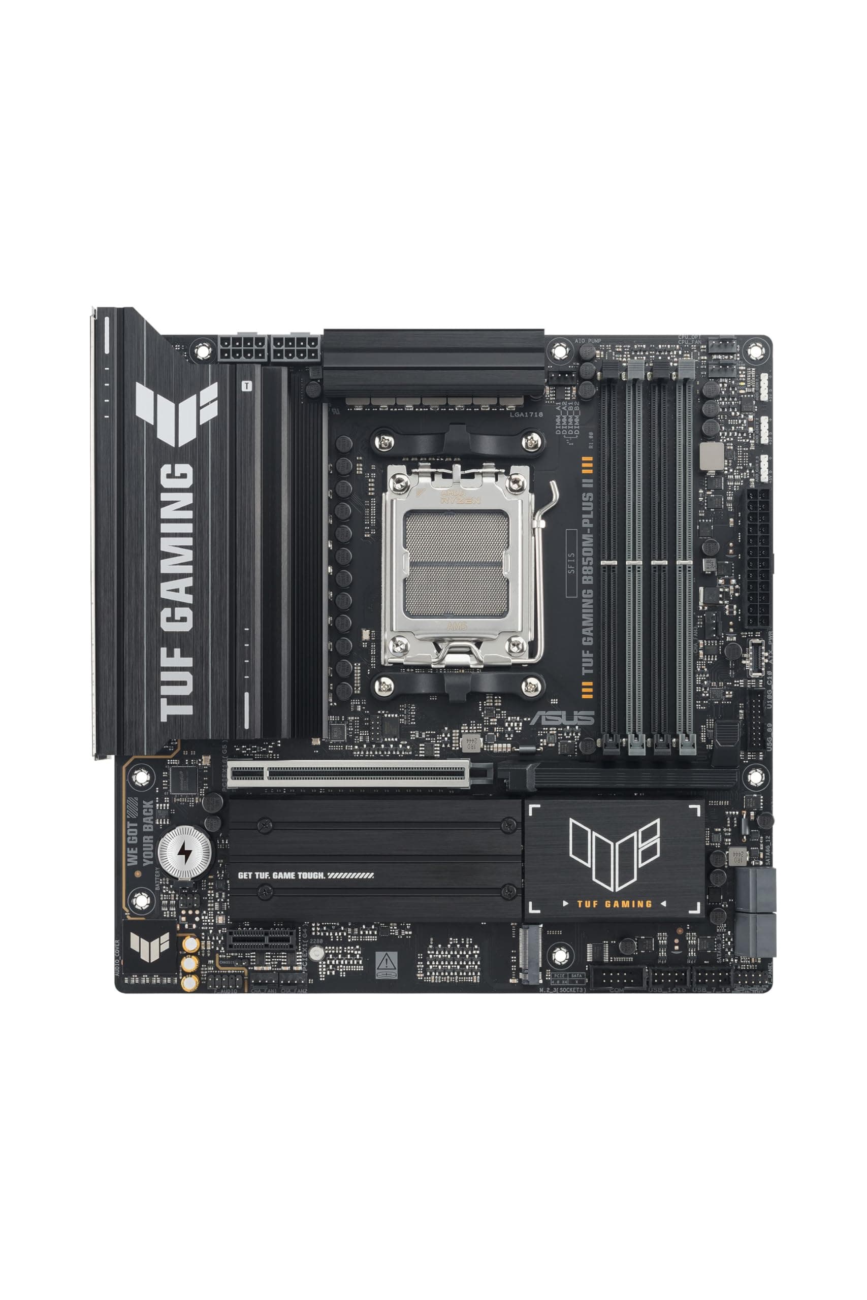 ASUS TUF Gaming B850M-PLUS II Carte mère AMD AM5 (AMD B850, mATX, mémoire DDR5, 1 x PCIe 5.0 M.2, 2 x PCIe 4.0 M.2, Aura Sync)