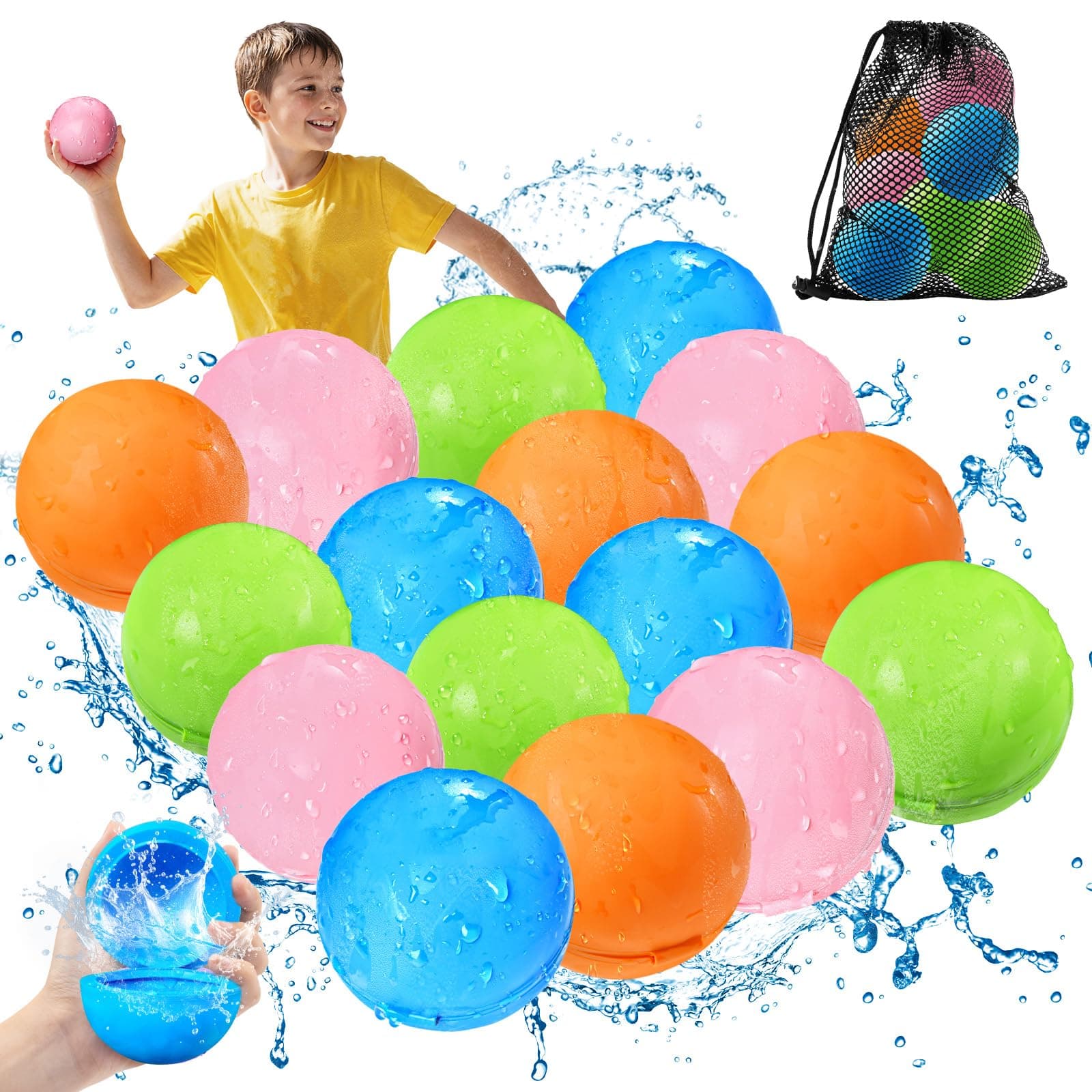KOKODI Globos de Agua Reutilizables con Imán, Silicona Suave Llenado Rápido, Juegos de Agua para Niños, Juguetes de Piscina y Playa Verano al Aire Libre para Niños y Adultos，16 Uds，Modelo clásico