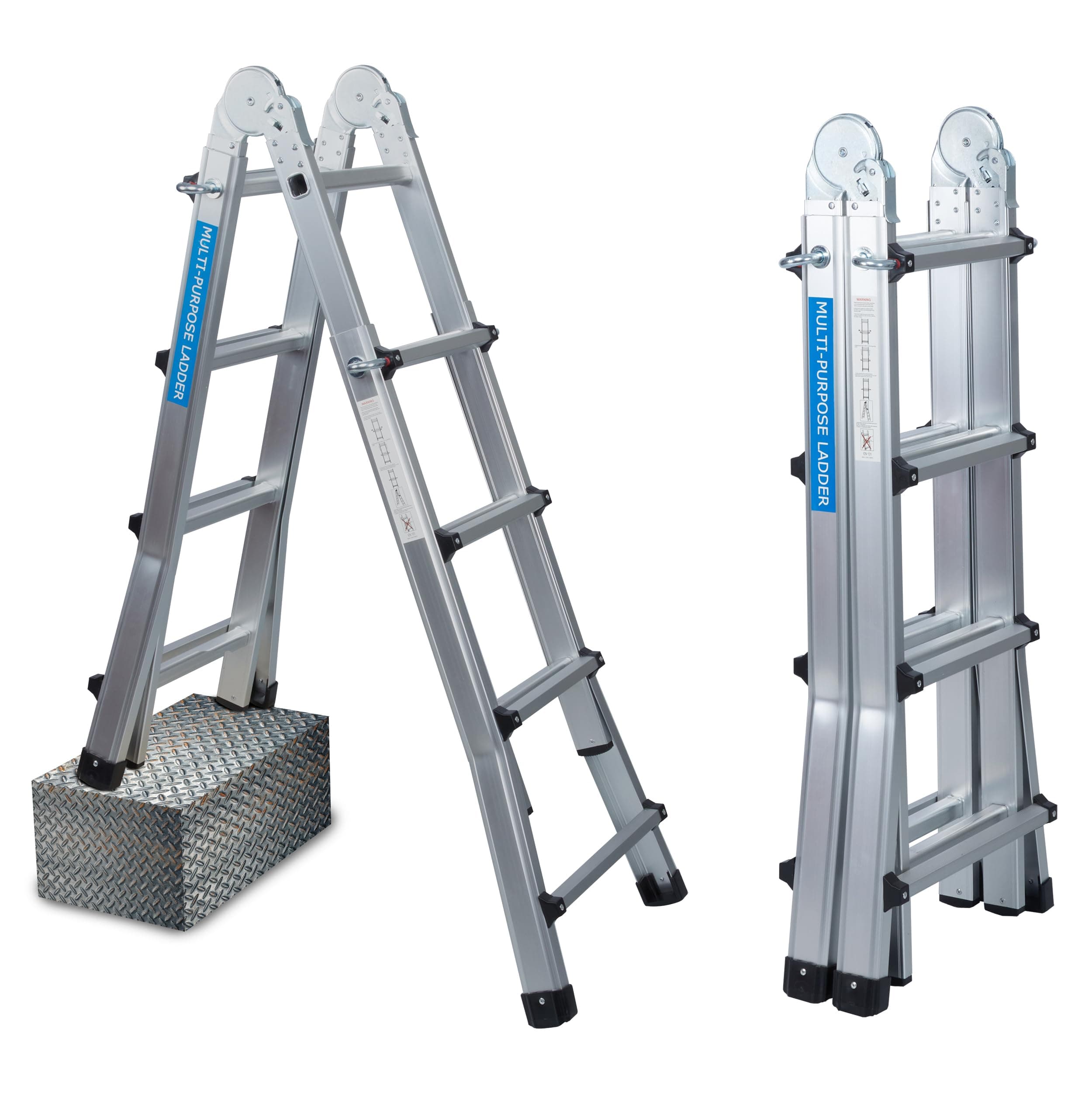 UZIRO Escalera Telescópica Plegable Articulada de Aluminio 4x4, Multiposición Extensibles 3,99 M, 4 Peldaños, Soporta hasta 150 KG, Plegable y Compacta