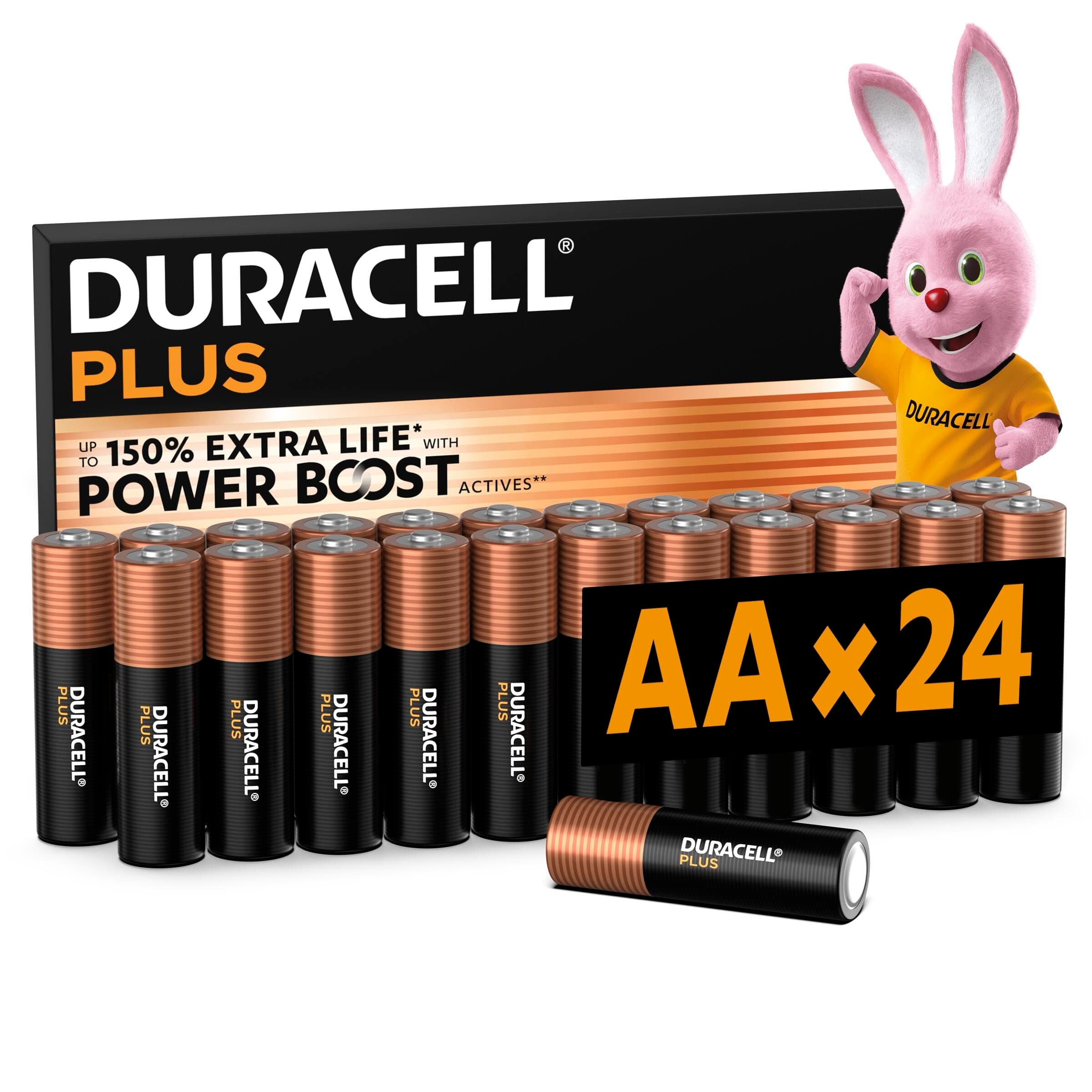 DURACELL Batterie Plus AA (Confezione da 24) – Batterie Alcaline da 1,5 V – Fino al 150% di durata extra con Attivi POWER BOOST– Affidabilità per i dispositivi di utilizzo quotidiano –LR6 MN1500