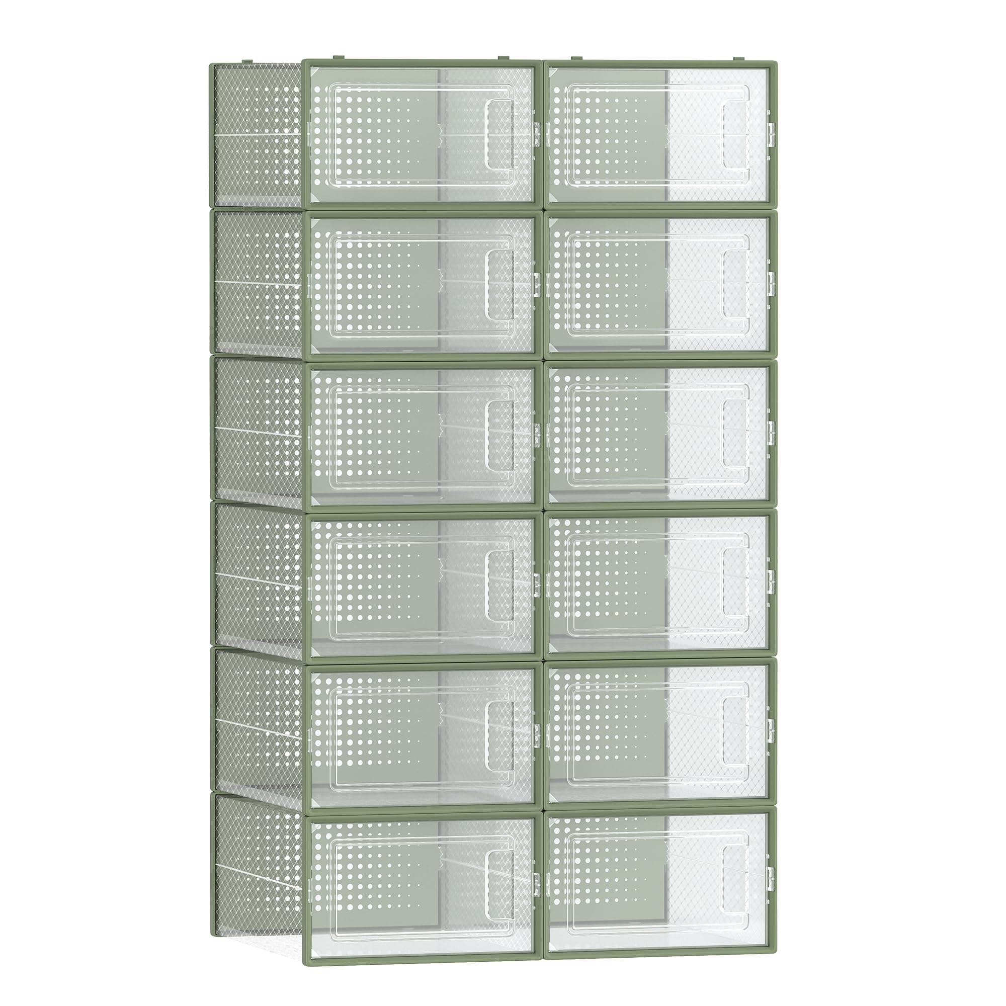 SONGMICS Schuhboxen, 12er Set, Schuh-Organizer aus Kunststoff, faltbar und stapelbar, für Schuhe bis Größe 44, transparent-lorbeergrün LSP12SG30