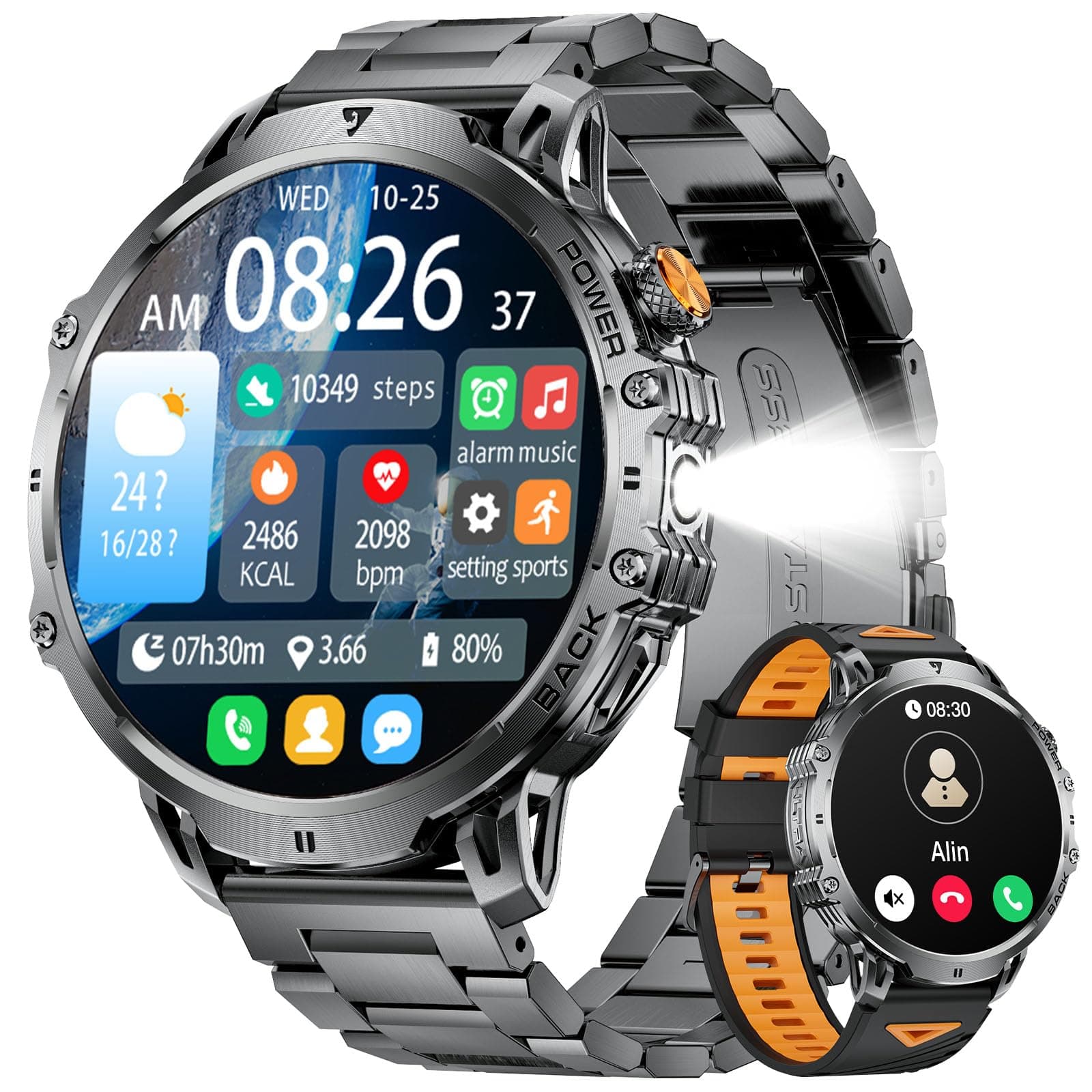 LIGEMI Reloj Inteligente Hombre con 1000mAh Batería/LED Linterna, 1.85" Grandes Smartwatch Hombre con Llamadas Bluetooth, Monitor de Sueño, IP68 Impermeable, 100+ Modos Deportivos para Android iOS