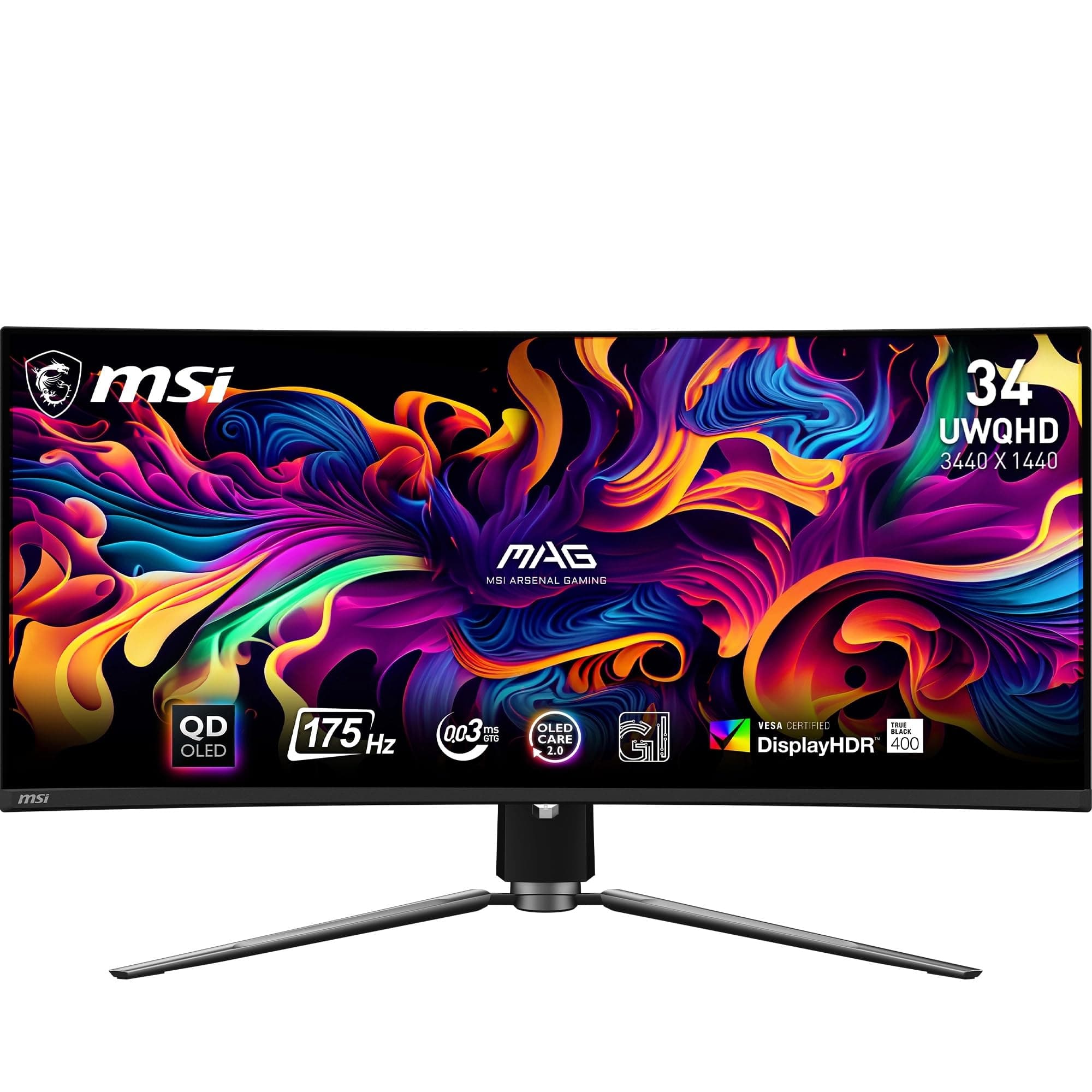 MSI MAG 341CQPA QD-OLED Écran Gaming incurvé 34.18" UWQHD | Dalle QD-OLED 3440x1440, 175Hz, 0,03ms, courbure 1800R, compatible VESA, HDMI, DisplayPort, USB-C, FreeSync Premium Pro
