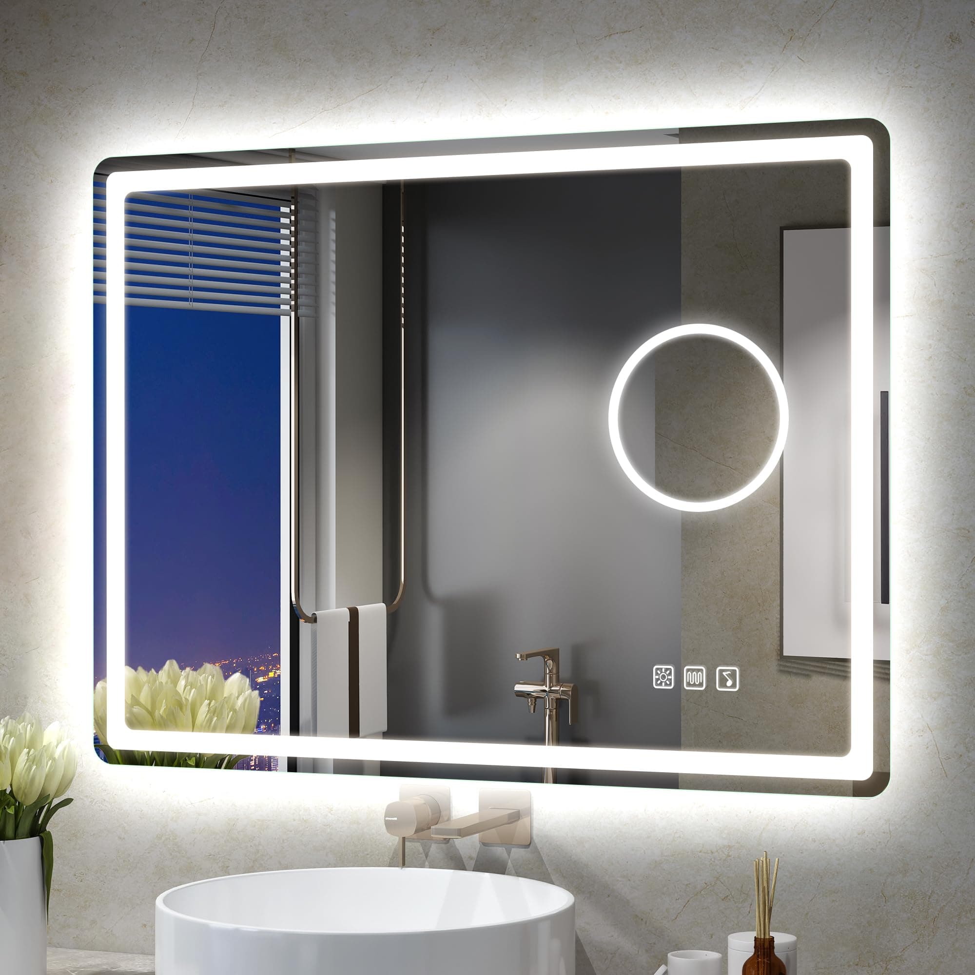 STARLEAD 60x80cm Specchio-Bagno-con-Luce e Ingrandimento 5X, Specchiera-Bagno con Bluetooth, Antifog, Dimmerabile, 3 Colori Luce, Memoria, Vetro Temperato HD, Impermeabile IP44