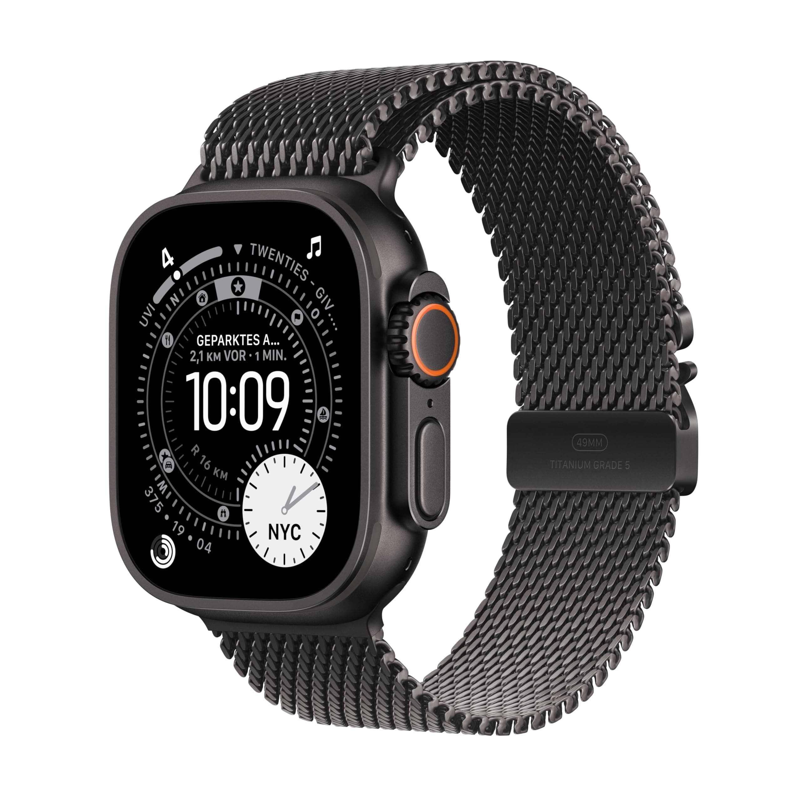 Apple Watch Ultra 3 GPS + Cellular 49 mm Premium Smartwatch für Lauftraining und Kombinationssport mit robustem Titangehäuse in Schwarz und Milanaise Armband in Schwarz (Medium)