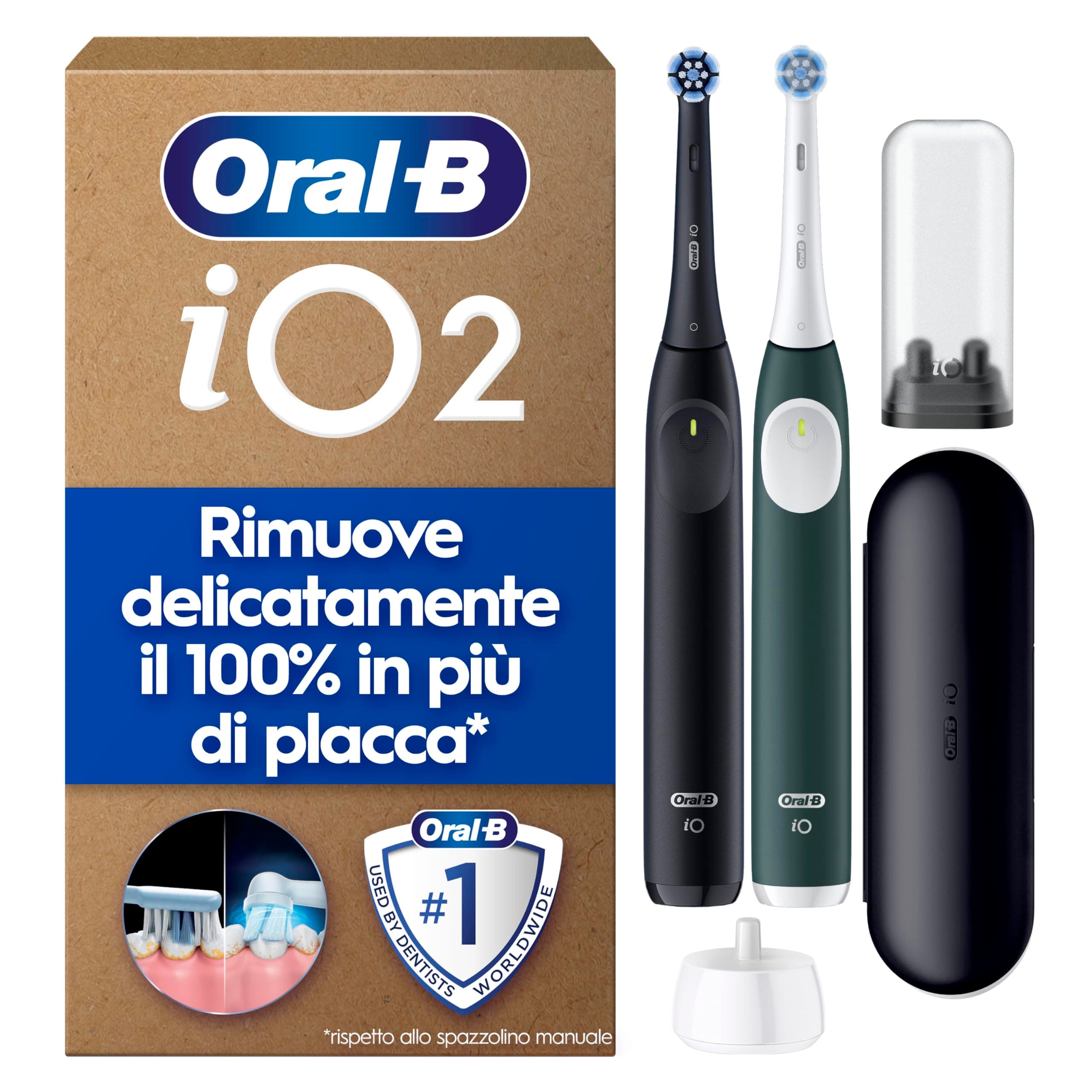Oral-B iO 2 DUO Spazzolino Elettrico Oral B, Nero e Verde, 2 Testine Di Ricambio e Spazzolini, Custodia Da Viaggio, Porta Ricarica Da Viaggio. Delicato sulle Gengive, Sensore di Pressione