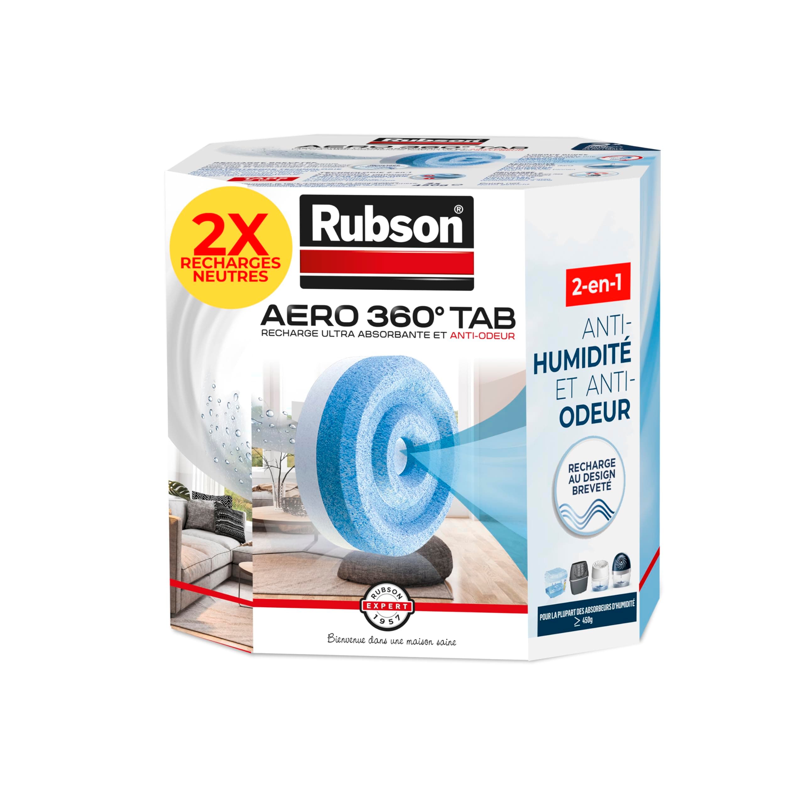Rubson AERO 360° Recharges en tabs neutres pour absorbeur d'humidité, recharges pour déshumidificateurs AERO 360° ultra absorbantes et anti odeurs, 2 x 450 g