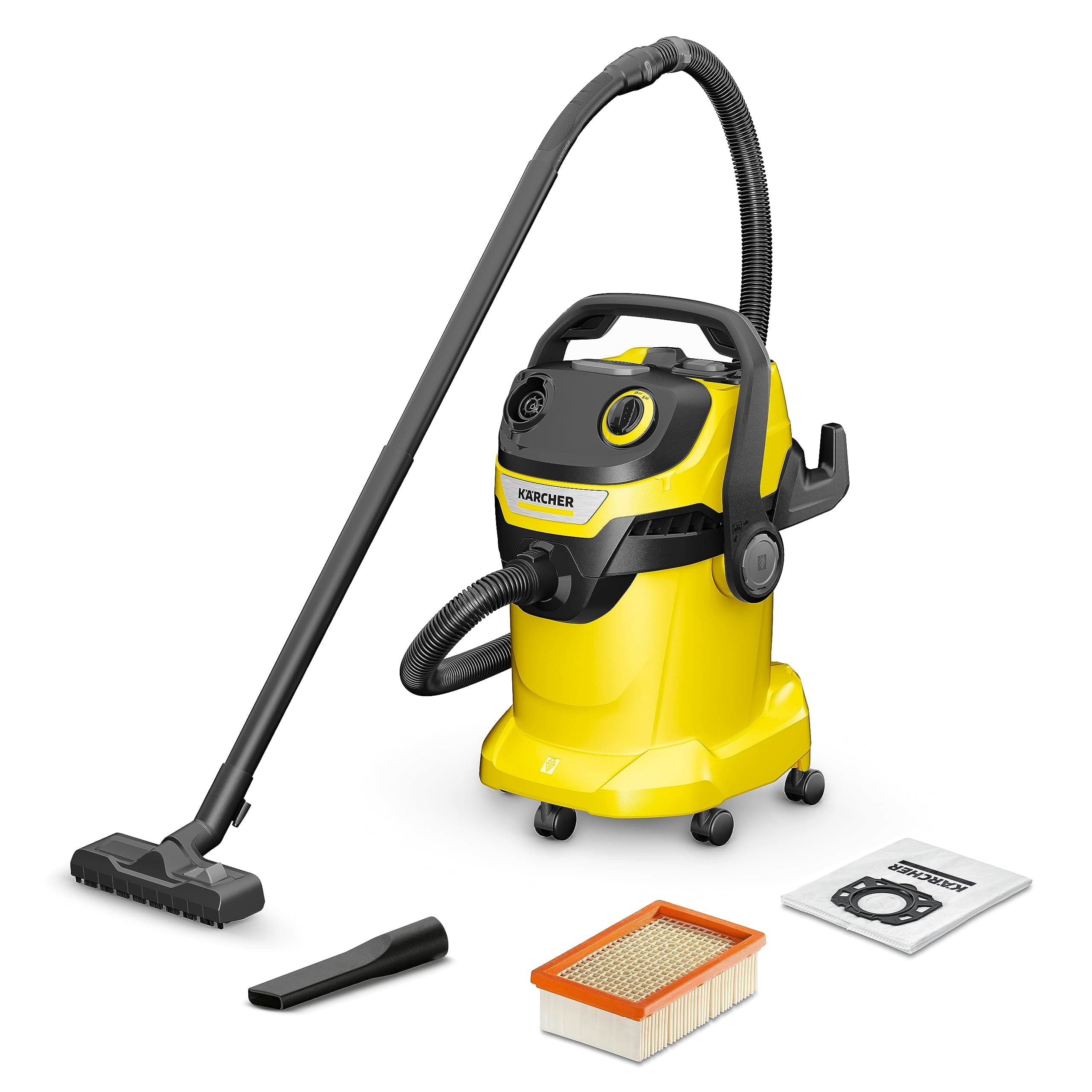 Kärcher, Aspirador en Seco y Húmedo WD 5 V-25/5/22, Filtro cartucho, 1100 W, Función soplado, Boquilla suelo y ranuras, Yellow/Black, Depósito de plástico 25 l, Manguera aspiración 2,2 m