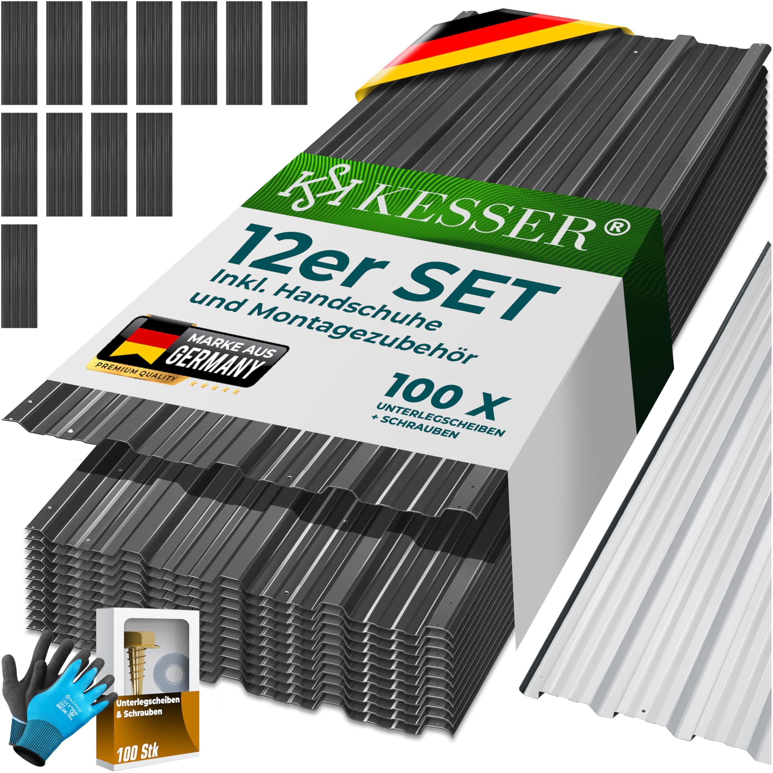 KESSER® 12 Stück Trapezblech Profilblech Set 129x45cm, 7 m² Dachblech verzinkter Stahl 0,25mm, Dachplatten für Gerätehaus, Schuppen & Dach + Schrauben, Unterlegscheiben & Montagehandschuhe, Anthrazit