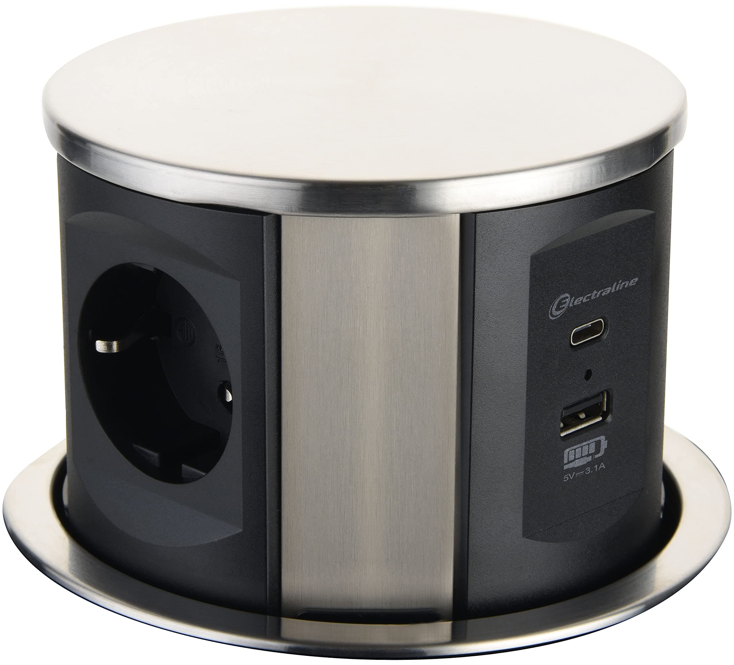 Electraline 62571 ENCHUFE MULTIUSOS CIRCULAR EMERGENTE Enchufes: 3 x Schuko 16 A, (2 USB 3.1 A: 1 tipo A + 1 tipo C, cable de 2 m), Orificio de fijación: Ø 120 mm, Grosor de la mesa: máx. 60 mm