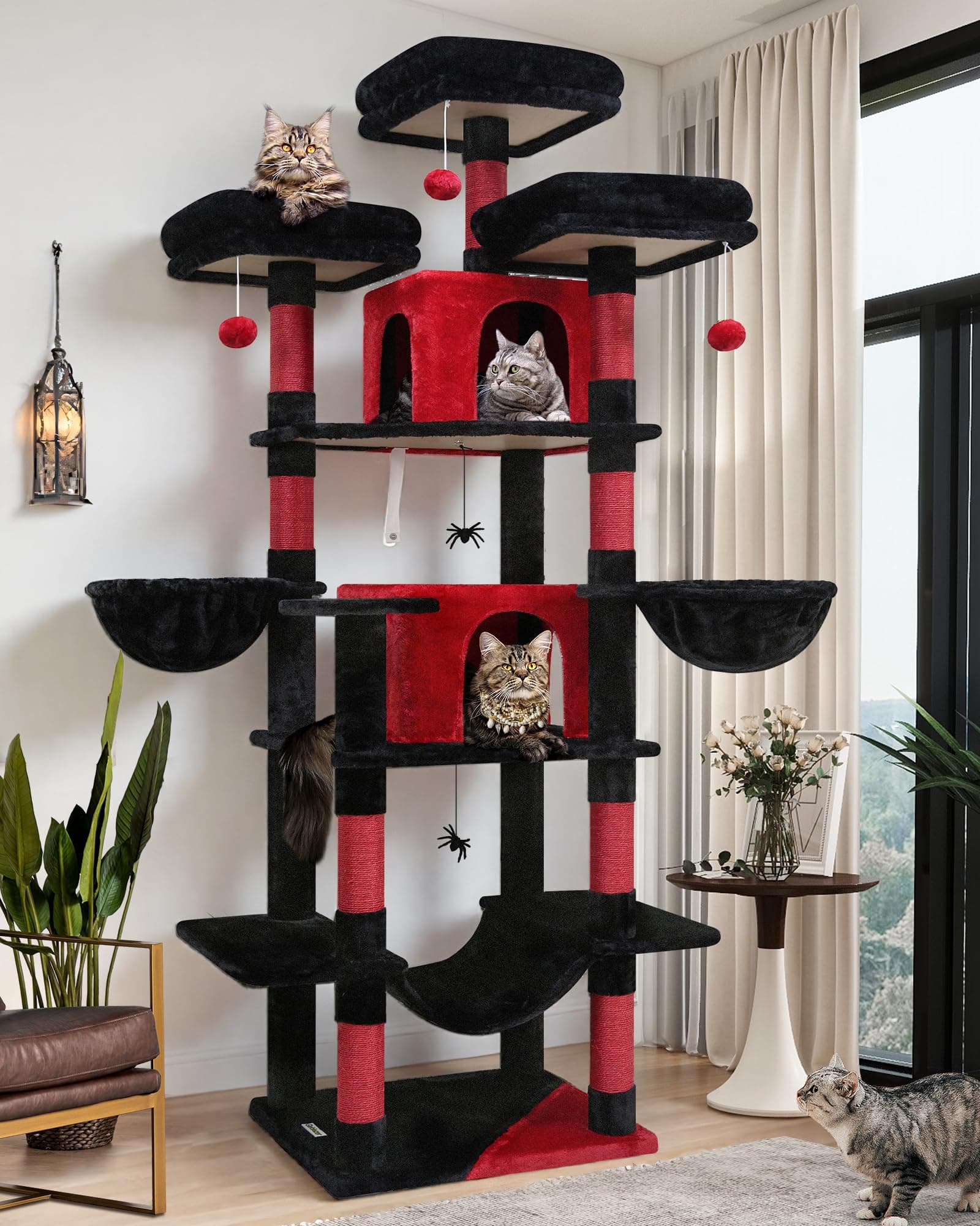 Globlazer Árbol Rascador Gótico Negro Rojo XXL Alto 204 cm con 3 Perchas Acolchadas, 2 Nidos, 2 Cesta, Hamaca, Lujo Grandes Torre para Gatos Múltiple Gatos Adultos Descansar Jugar (F80, Gótico)