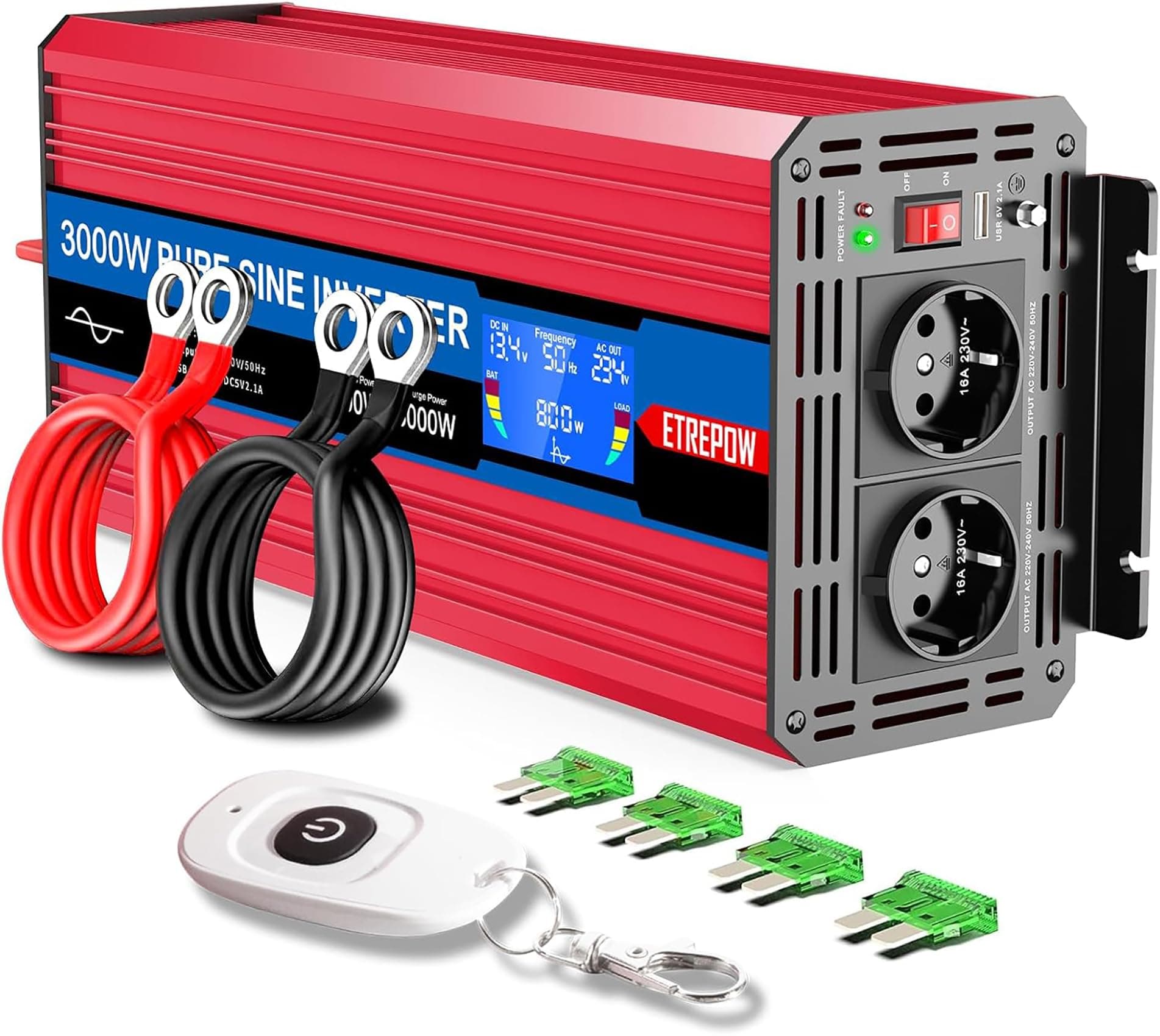 ETREPOW 3000W Convertisseur 12V 220V Pur Sinus Transformateur,Onduleur avec 2 Prises CA, Port USB, Télécommande sans Fil, écran LCD, pour Les Systèmes Solaires, Voiture, Camping,Voyage, Caravane