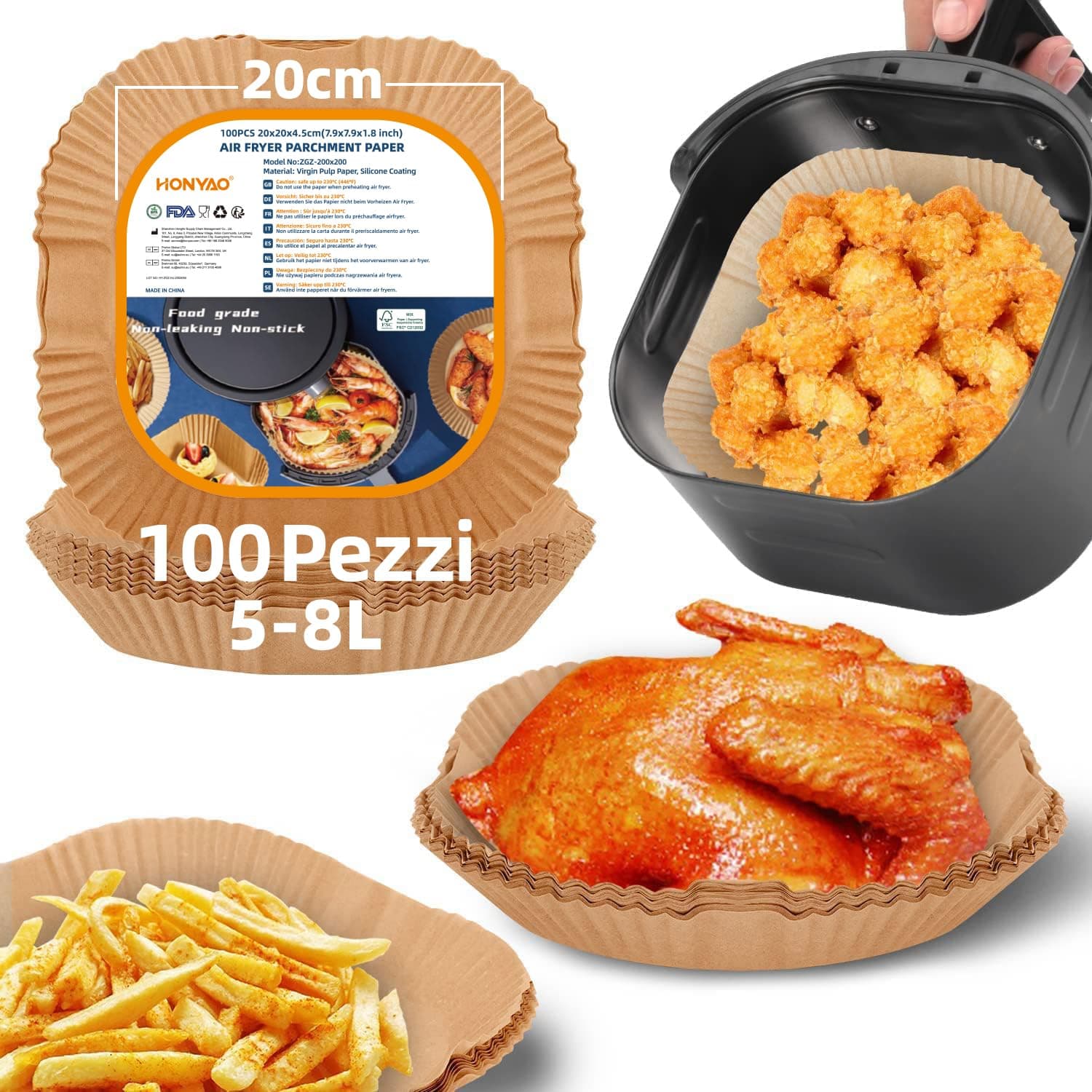 HONYAO 20x20 cm Fogli di Carta Forno per Friggitrice ad Aria XXL 5-8 L,100 Pezzi Antiaderente Usa e Getta Carta Pergamena, Impermeabile Antiolio Accessori per Air Fryer - Quadrato