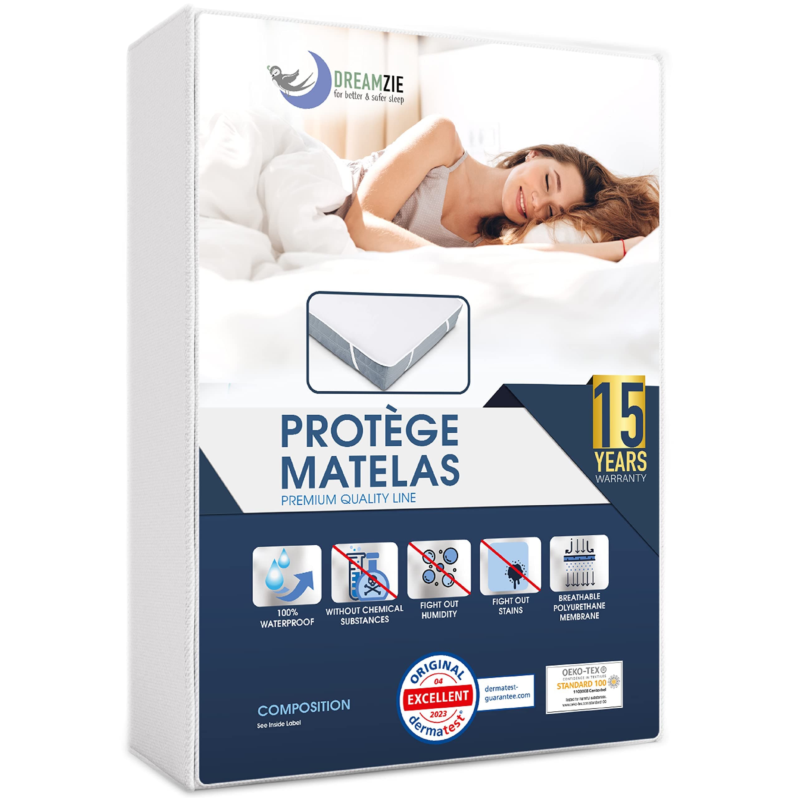 Dreamzie Protège Matelas 160x200 cm Imperméable Certifié Oeko TEX - Alese en Coton Respirant avec 4 Coins Elastiques