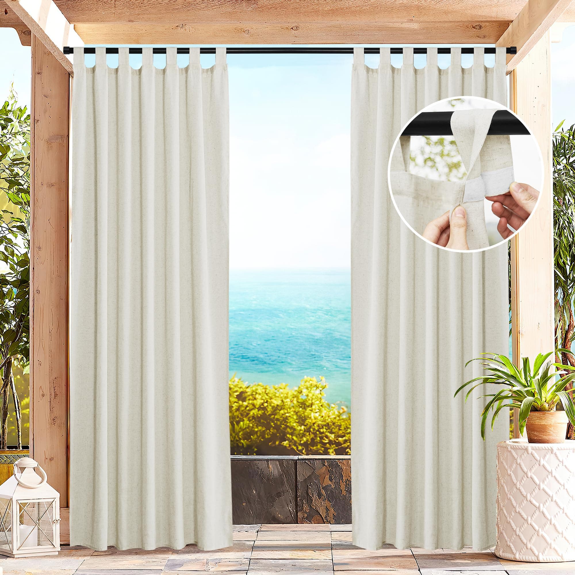 PONY DANCE Outdoorvorhänge mit Klettverschluss 2er Set H 213 x B 140 cm Terrasse Vorhänge Wasserdicht Leinen Gardinen Beige Halbtransparent Balkon Vorhang Outdoor Curtains für Pavillon